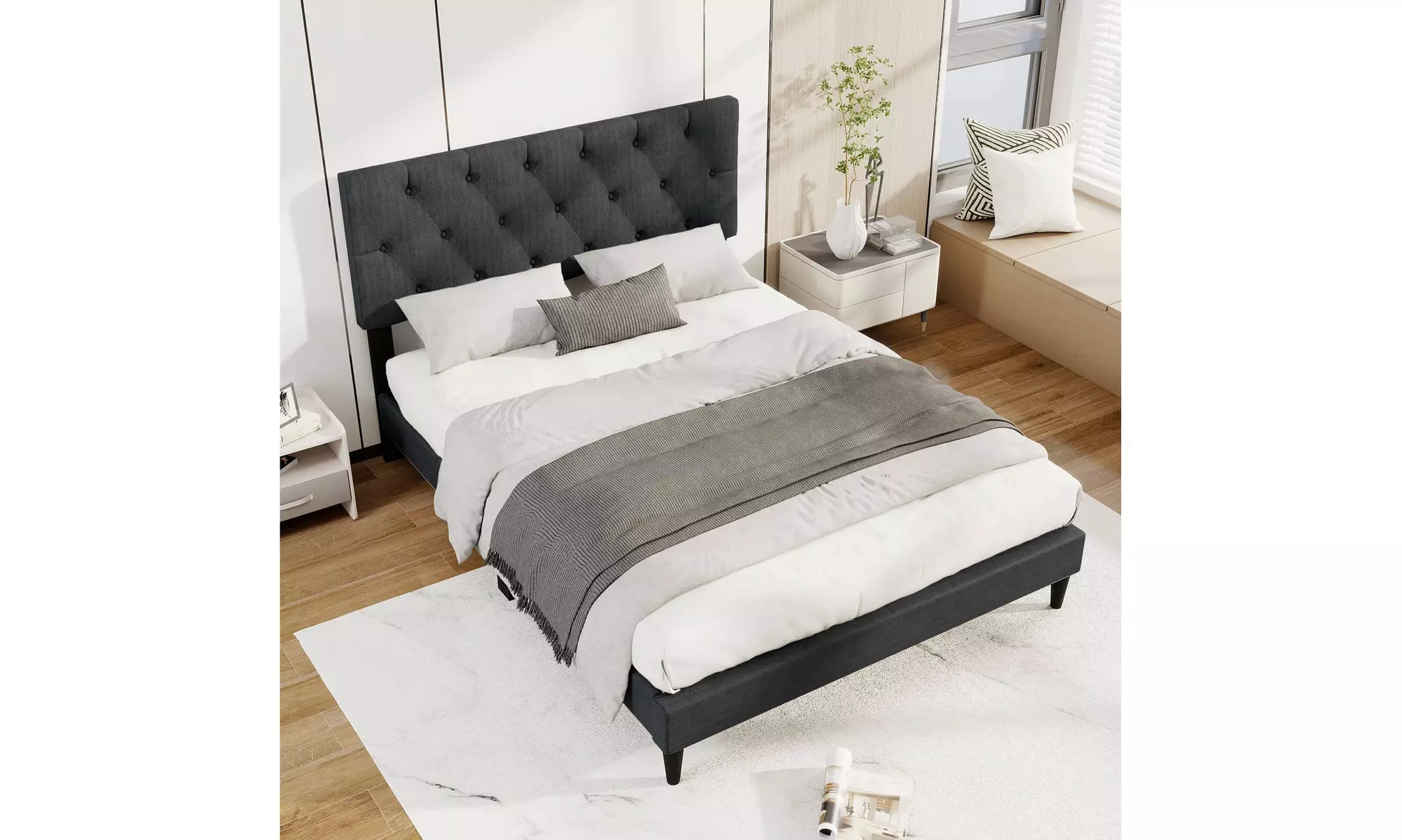 Costway Bed Frame with High Headboard and Wooden Slats