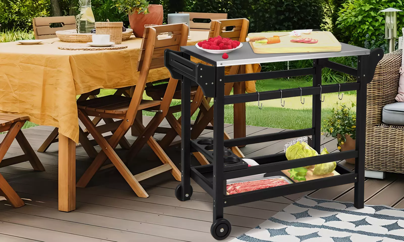 Costway Movable Outdoor Dining Cart Table with Stainless Steel Tabletop - Primary Image