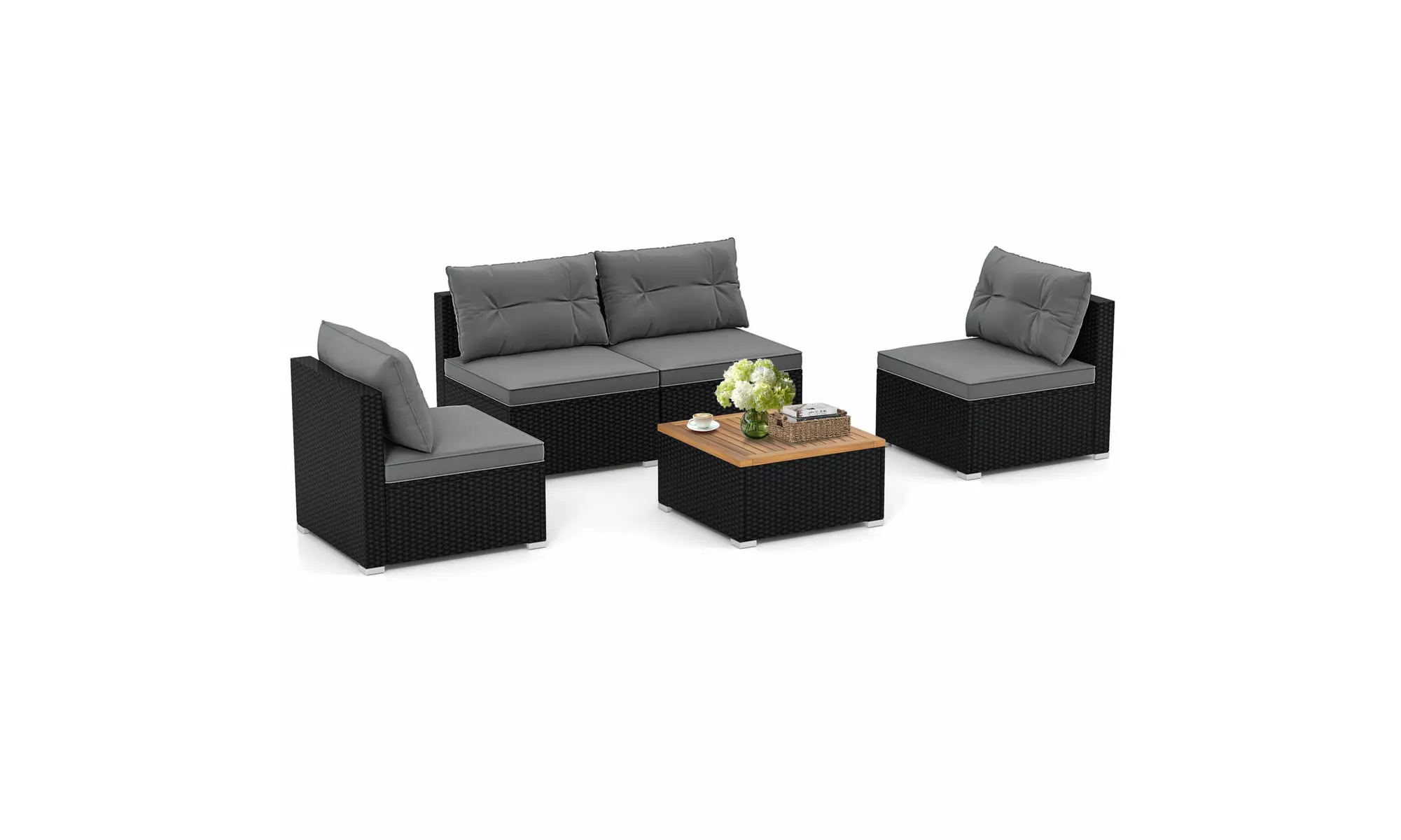 5 Piece Patio Rattan Furniture Set Acacia Wood Table Top Sofa Cushion Deck