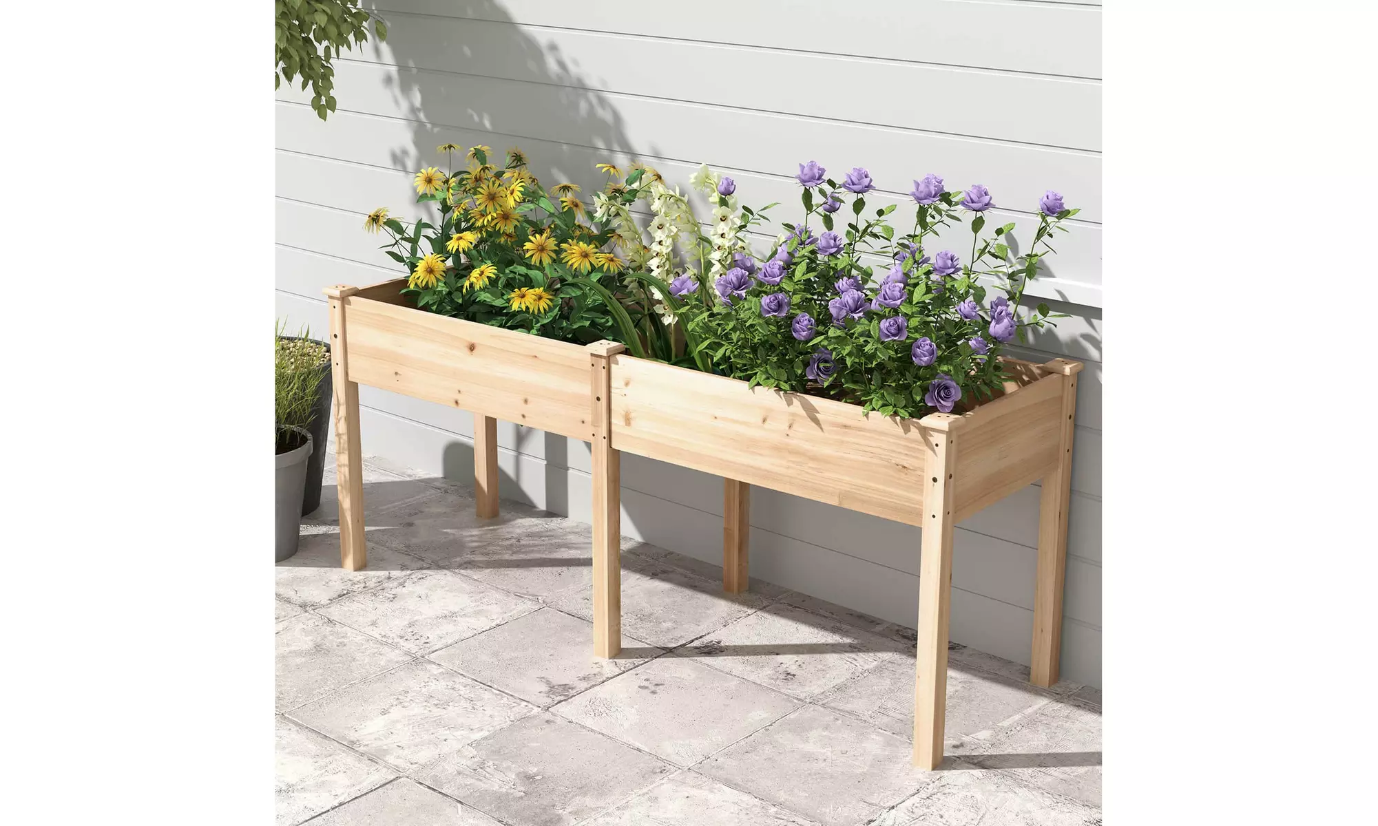 Costway Outdoor Raised Garden Bed with Legs Wood Planter Box with Divider Panel