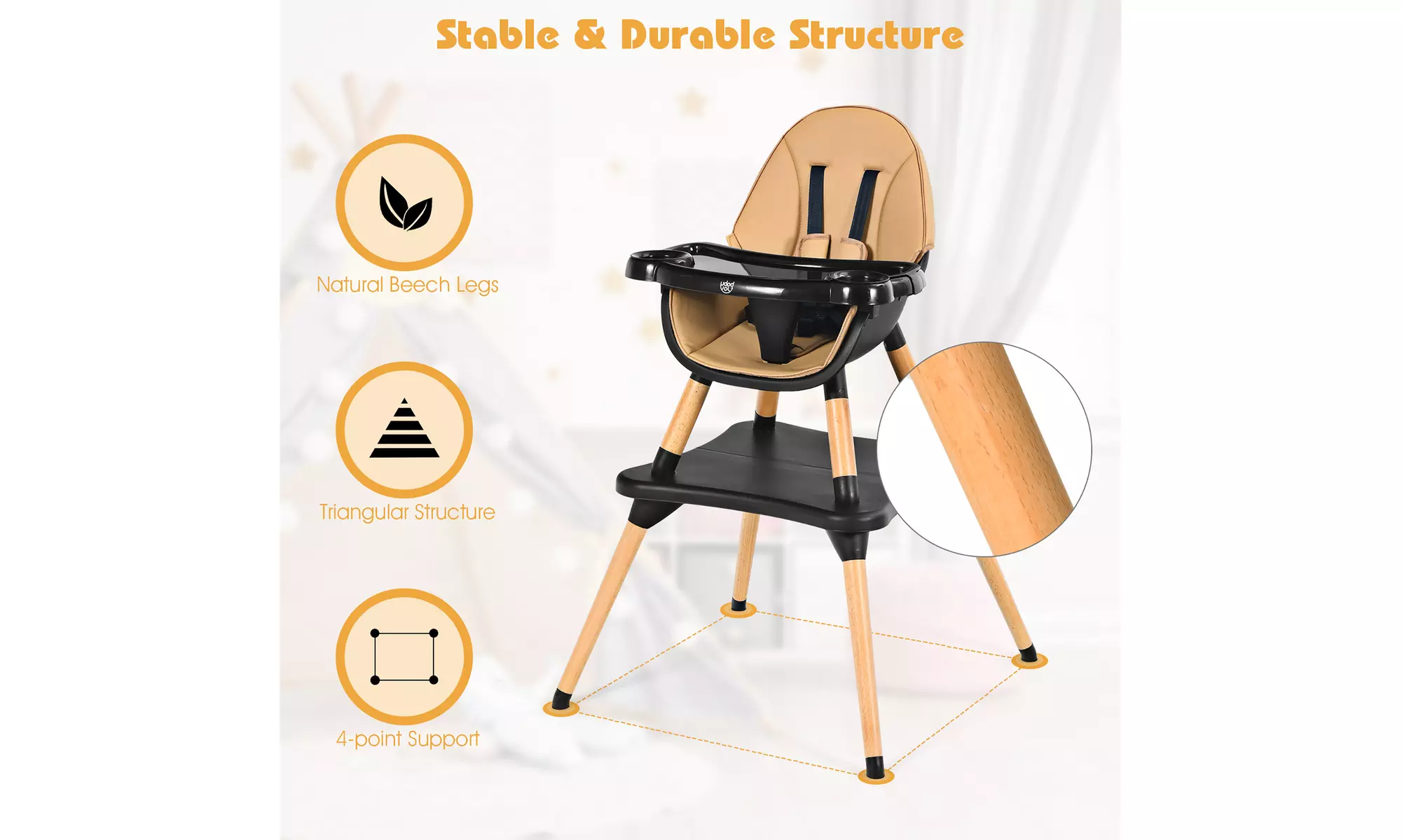 Babyjoy 5-in-1 Baby High Chair Infant Wooden Convertible Chair 5-Point Seat Belt - Second Medium