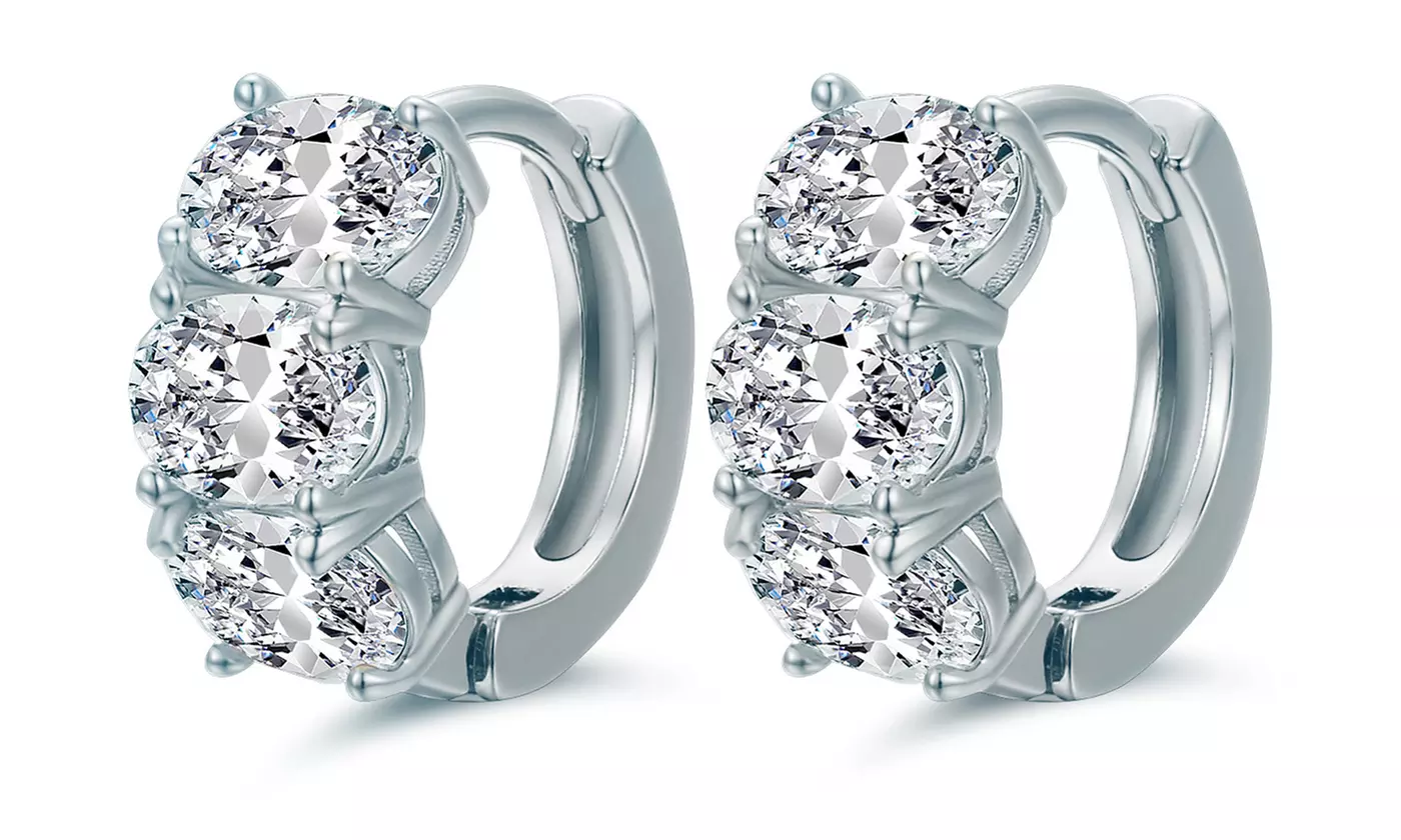 Oval Cut Huggie Hoop Earrings Made with Swarovski Crystals by Barzel - Primary Image
