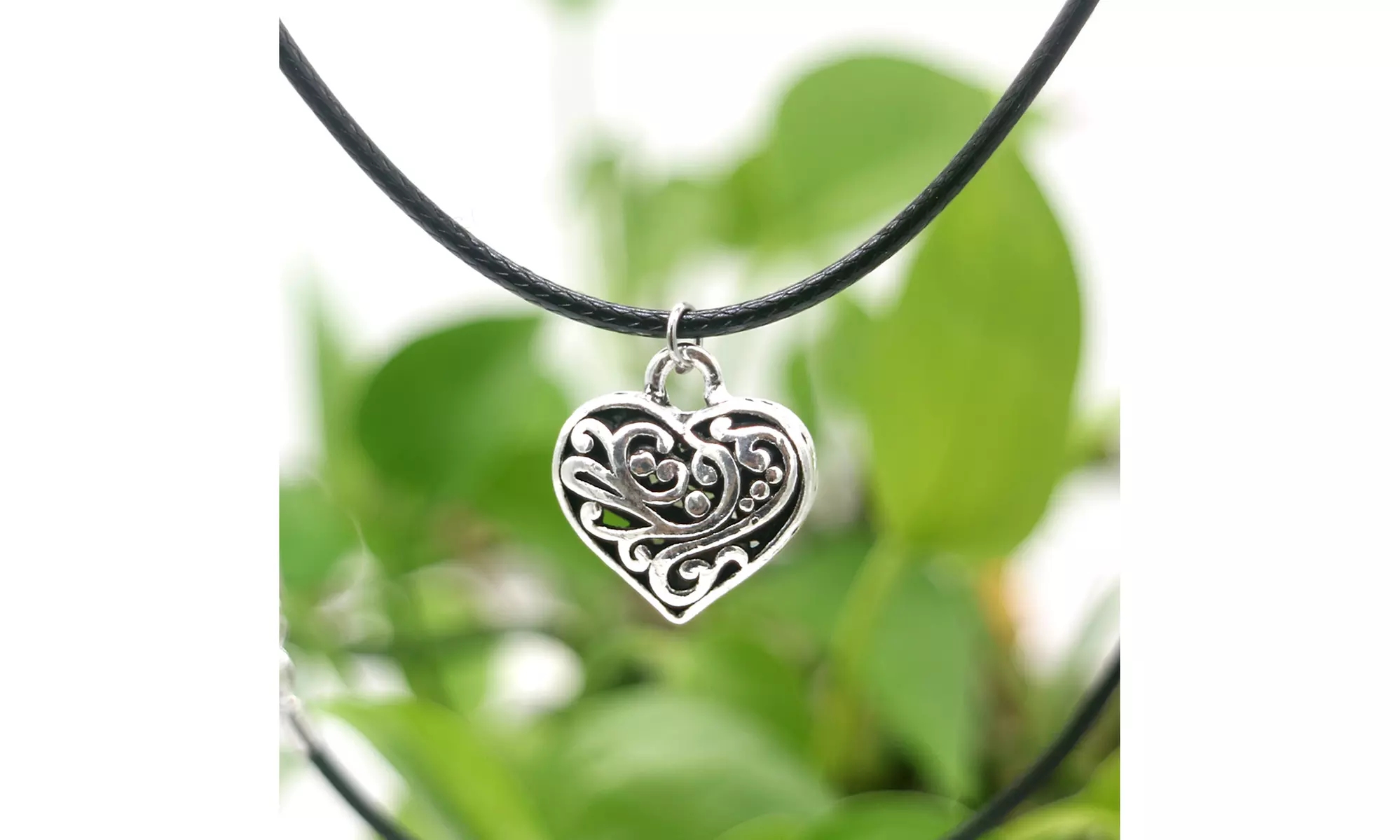 Sterling Silver Leather Chain and Artisan Heart Pendant Necklace - Primary Image