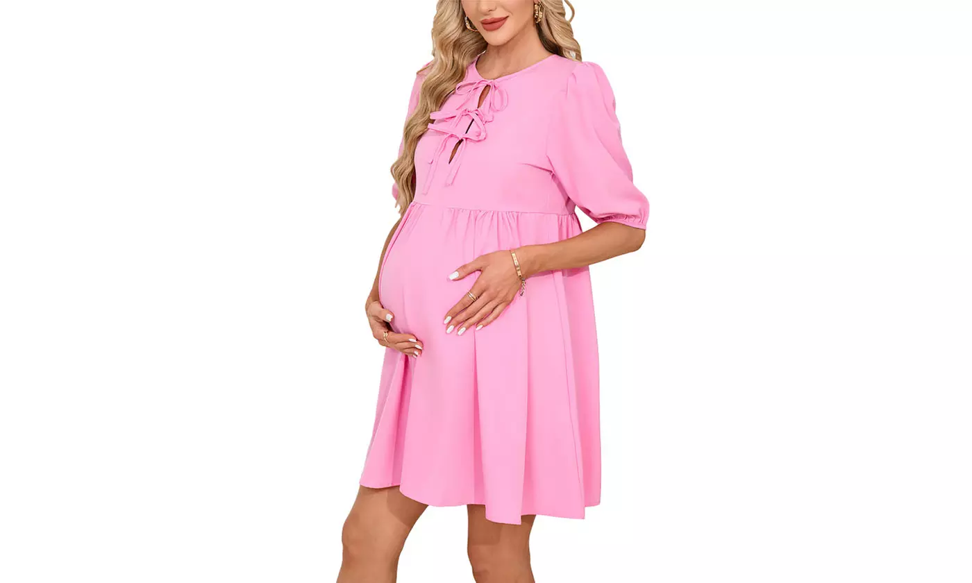 Bow-Front Maternity Dress Puff Sleeves Flowy A-Line Skirt Baby Shower Dress