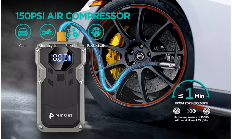 Pursuit Portable Car Jump Starter with 150PSI Air Compressor 12V Battery Booster