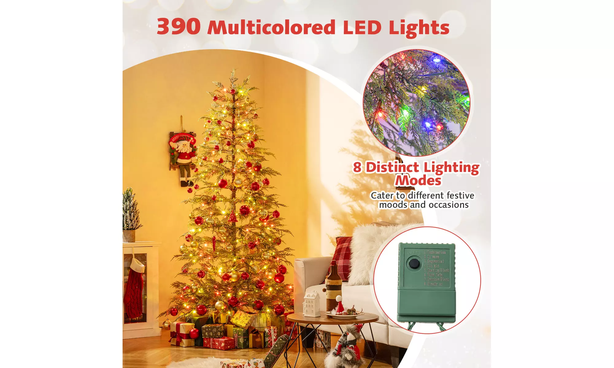 Costway Pre-Lit Artificial Christmas Tree with Branch Tips | Warm White LED Lights | Easy Setup & Home Decor