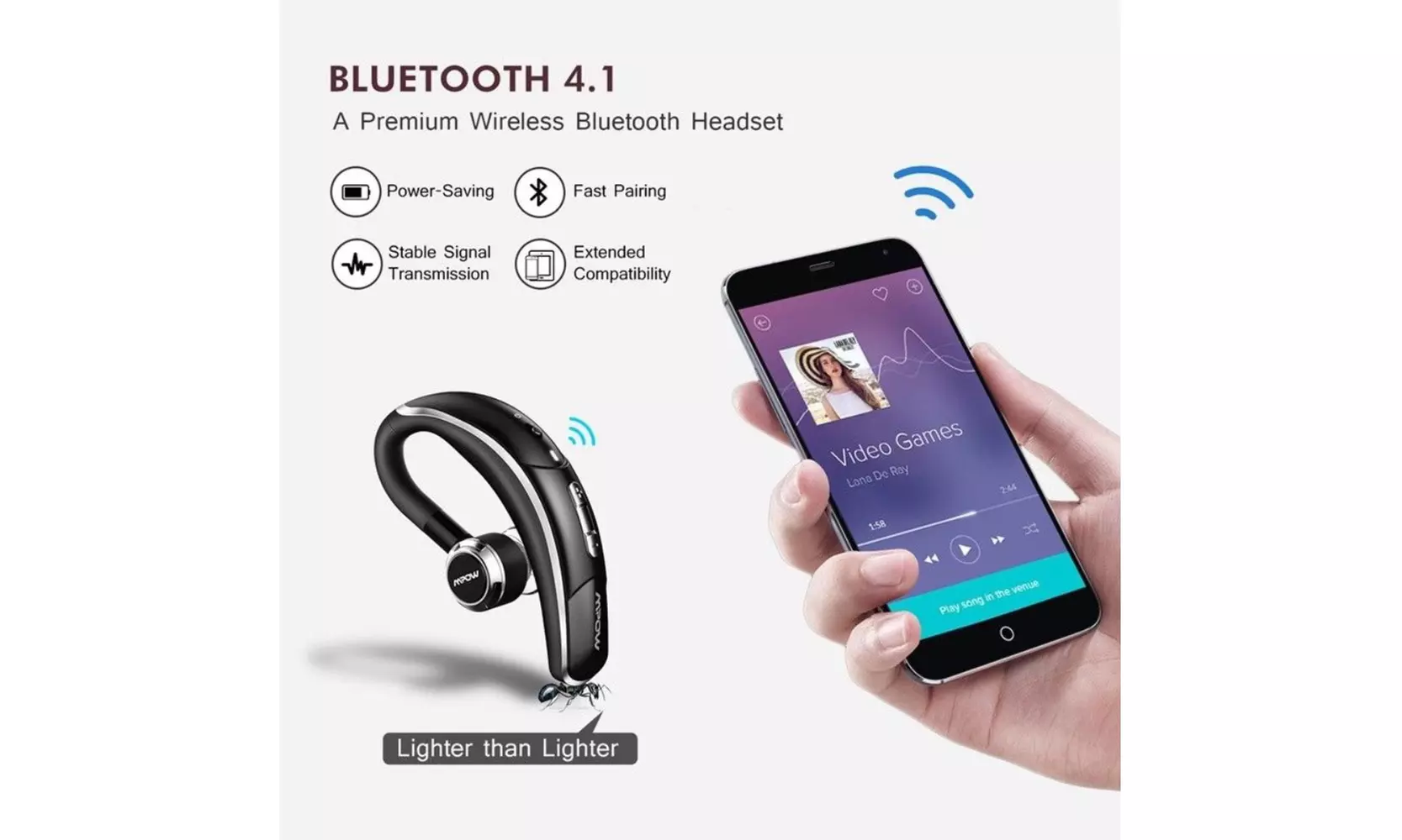 Mpow Bluetooth Headset Wireless Headphones Earpiece with Microphone - Second Medium