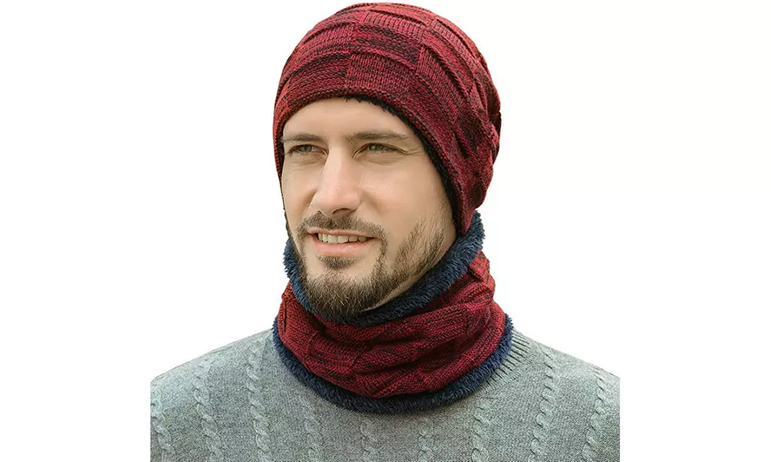 Men Winter Beanie Hats Scarf Set Knit Hat Skull Cap Neck Warmer Hat Scarf  - Primary Image