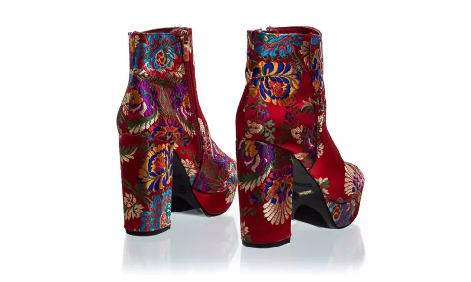 Bamboo Floral Accent Chunky Heeled Ankle Boots in Red - Primary Image