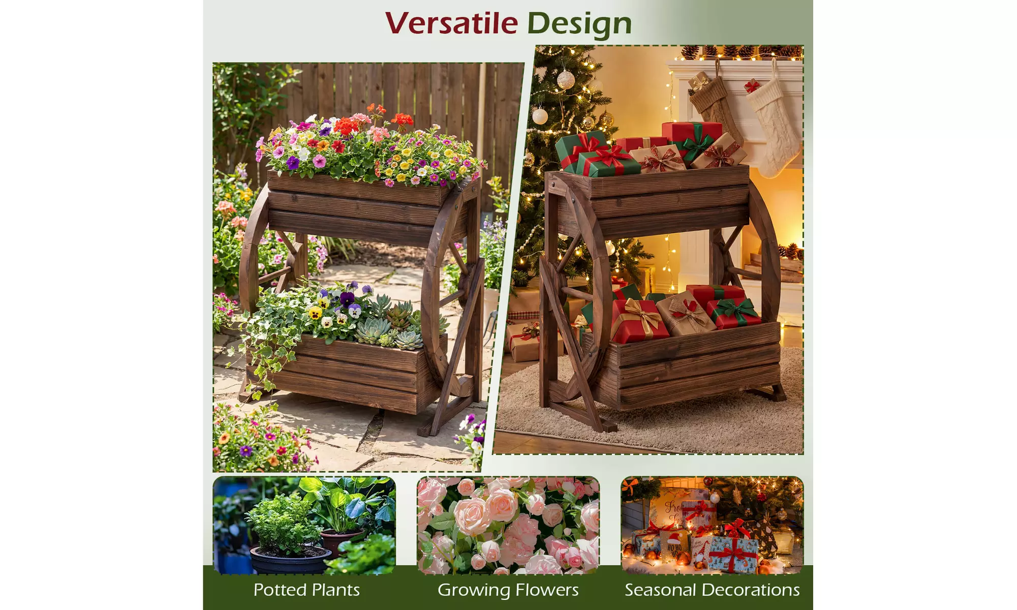 Costway 2-Tier Rustic Wooden Wagon Planter Box with Drainage Holes