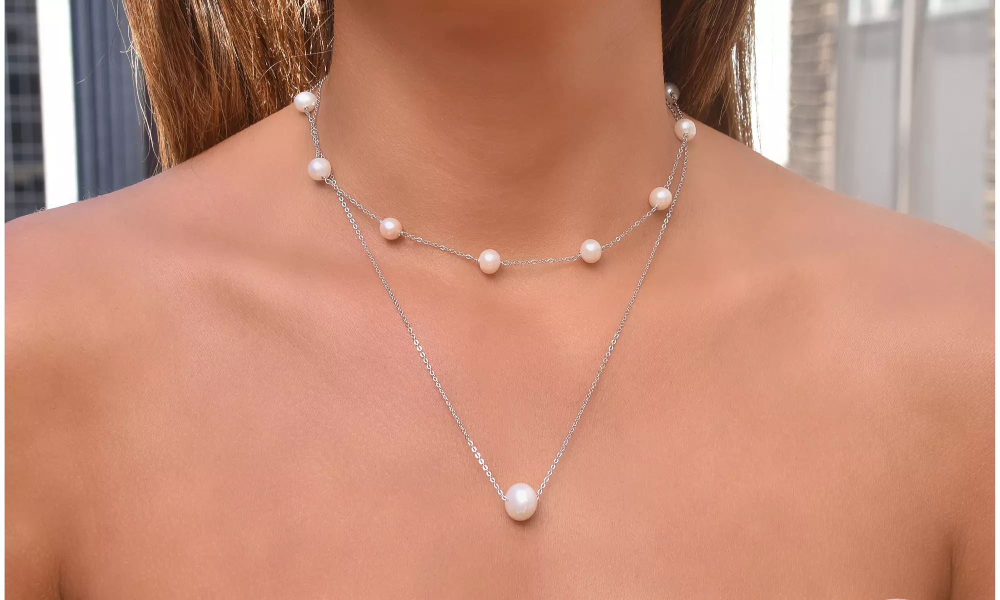 Genuine Freshwater Pearl Station Necklace and Pendant Set (2 PACK) - Second Medium