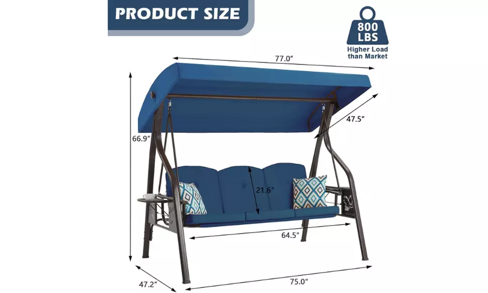 3-Seat Outdoor Porch Swing with Stand  with Canopy Pillows and Cup Holder
