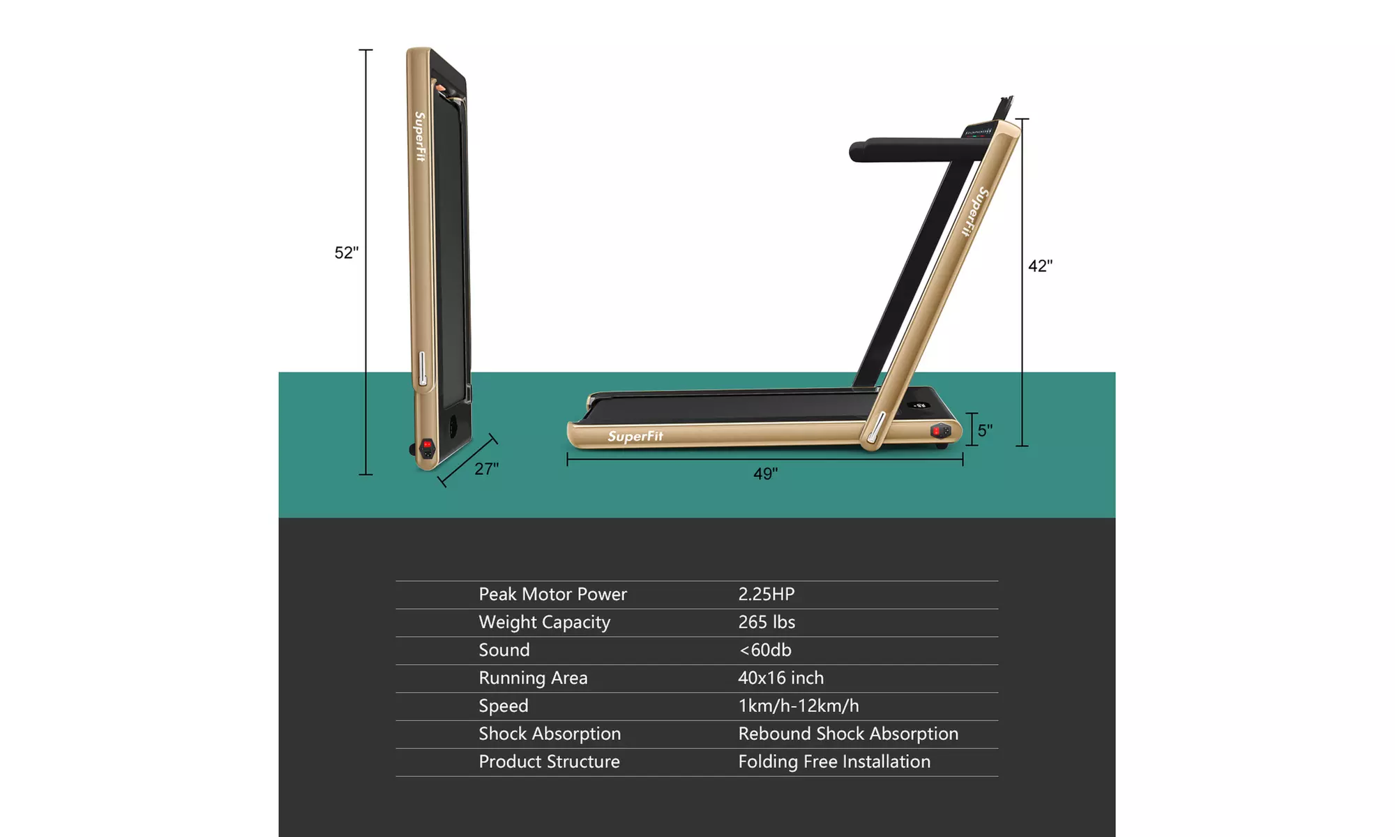 Costway 2 in 1 Folding Treadmill 2.25HP Running Machine w/ Dual display Gold - Second Medium