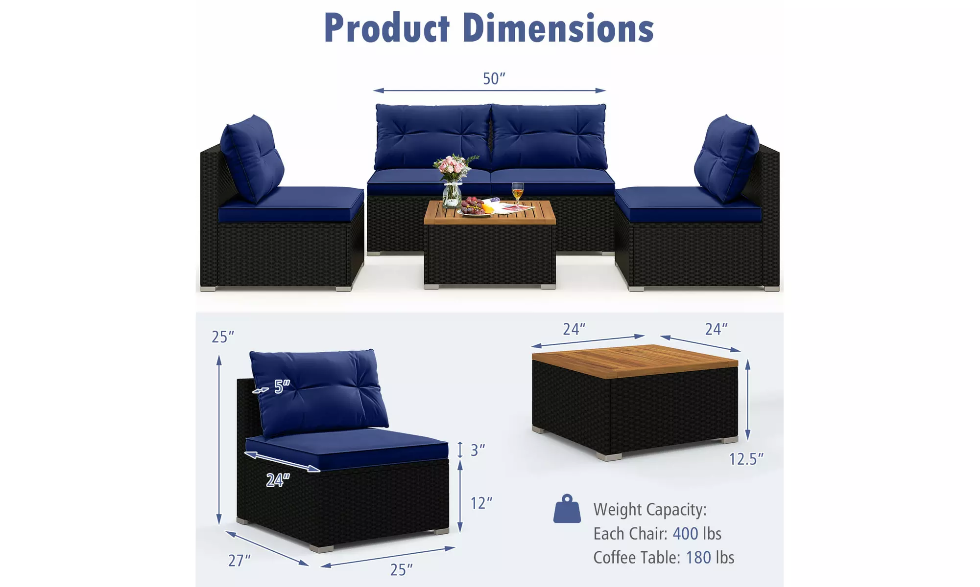 5 Piece Patio Rattan Furniture Set Acacia Wood Table Top Sofa Cushion Deck