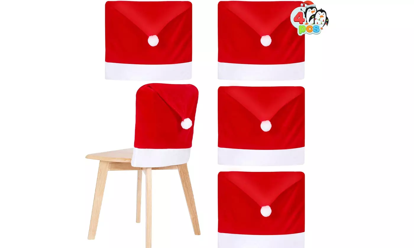 4 Pcs Christmas Chair Cover, Red Santa Hat Chair Slipcovers for Xmas Decor Set