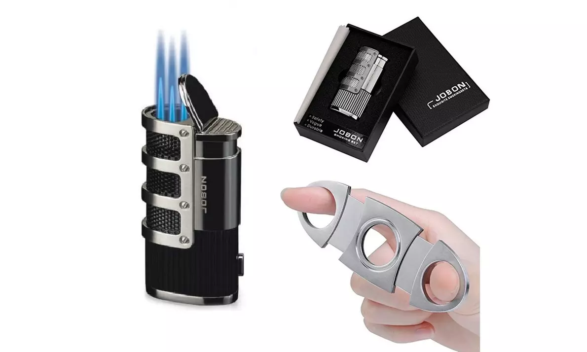 Cigar Torch Lighter JOBON Triple Jet Butane Refillable W/Cigar Punch ,Cutter Set - Primary Image