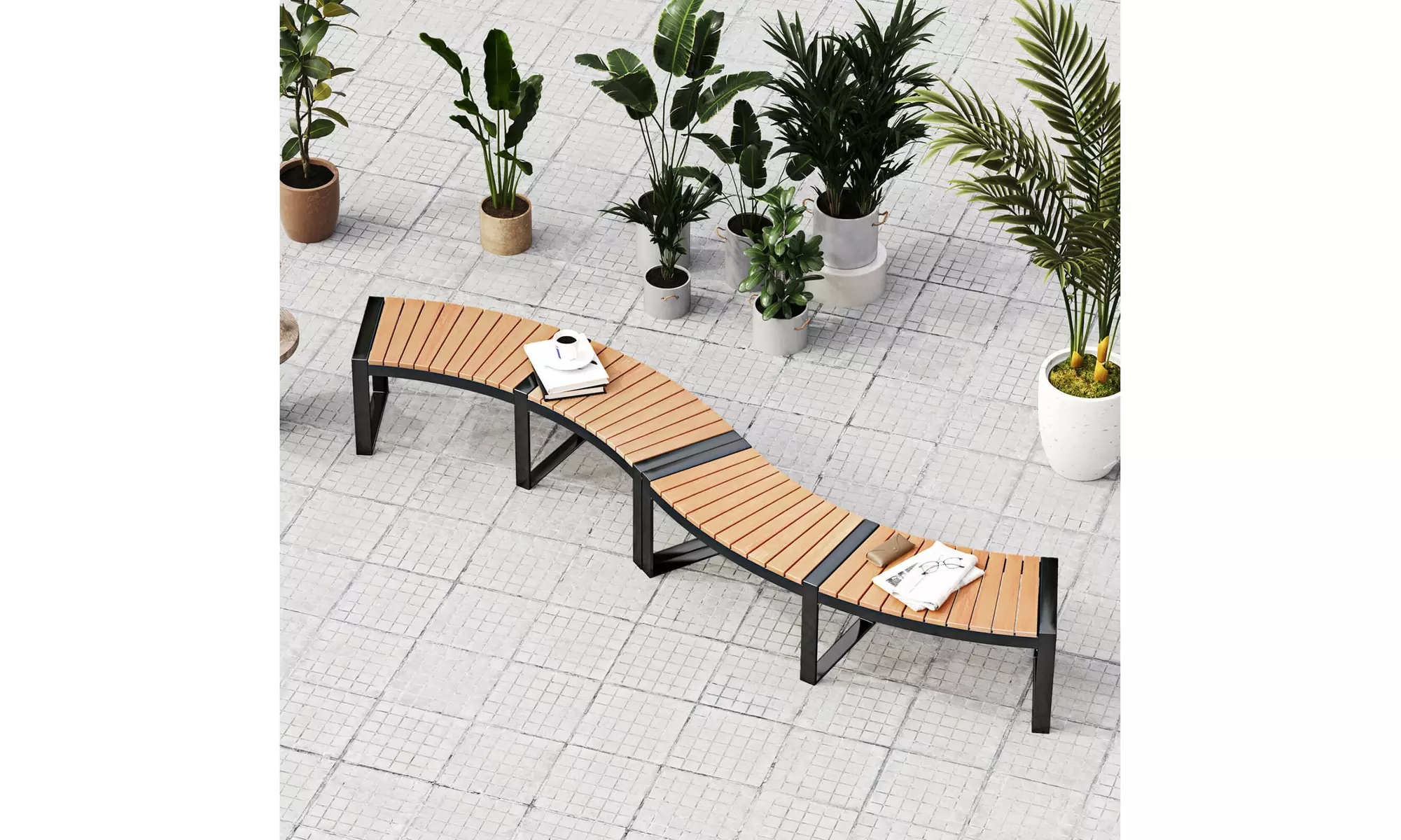 Costway Backless 2-Person Patio Curved Bench with Slatted Seat and Metal Legs