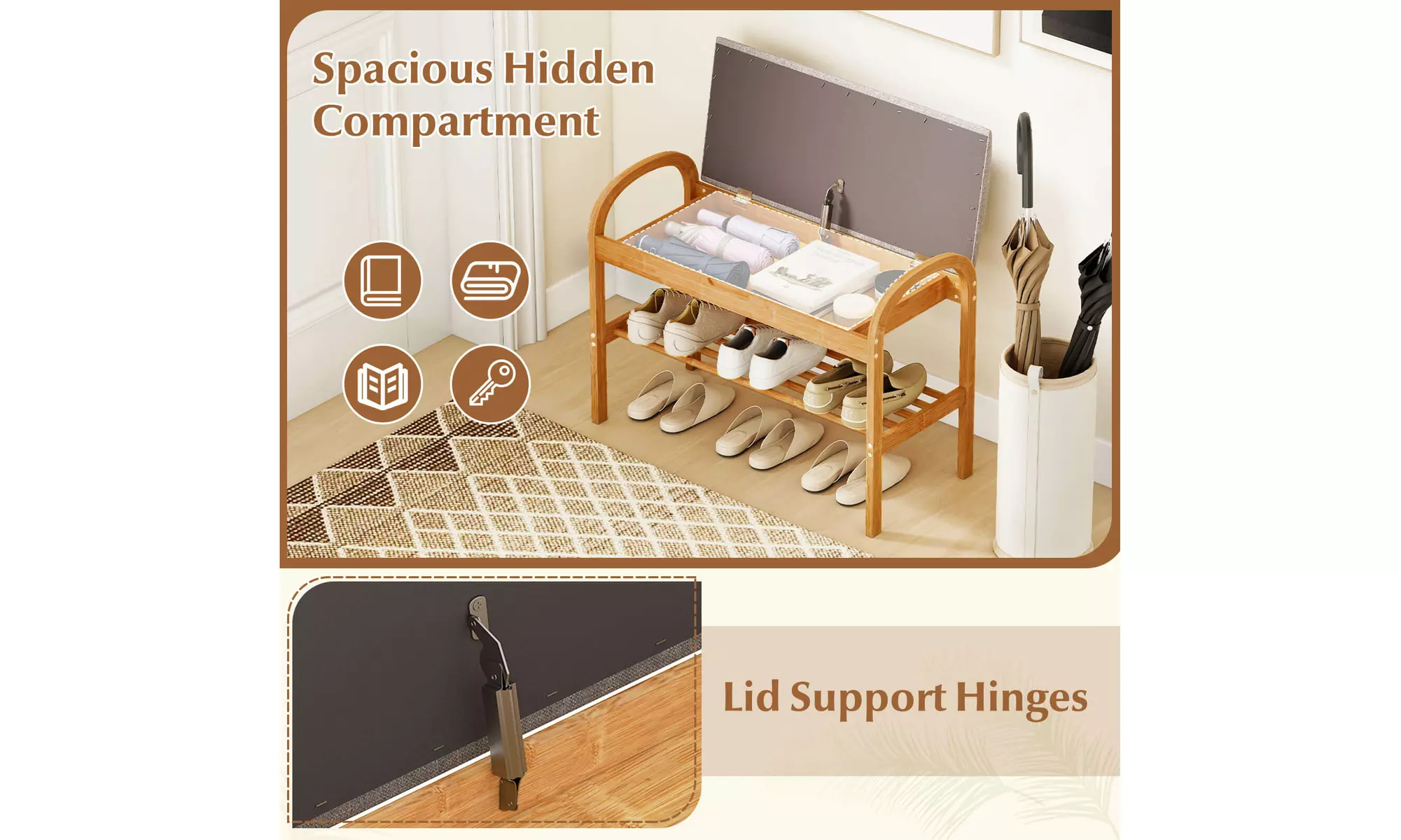 Costway Bamboo Entryway Shoe Bench 2-Tier Shoe Rack with Padded Seat Cushion