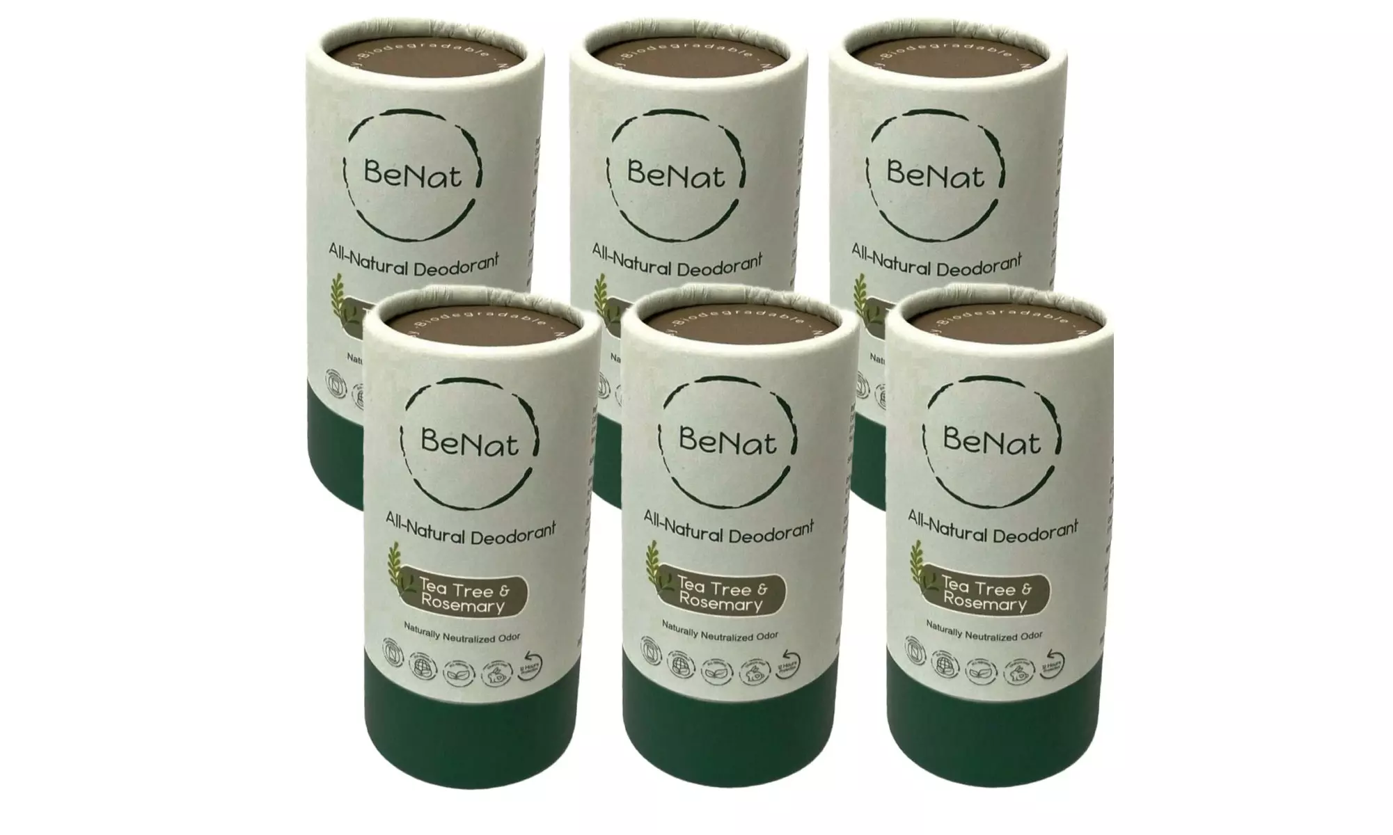 BeNat All-Natural Plastic-Free Eco Friendly Deodorant - 3 or 6 Pack - Second Medium