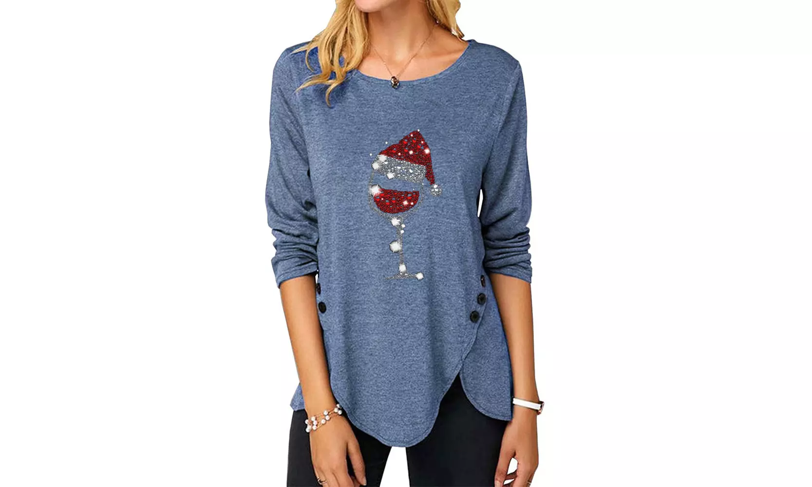 LESIES Womens Christmas Shirts Wine Glasses Irregular Hem Buttons Side Tunic Top - Second Medium