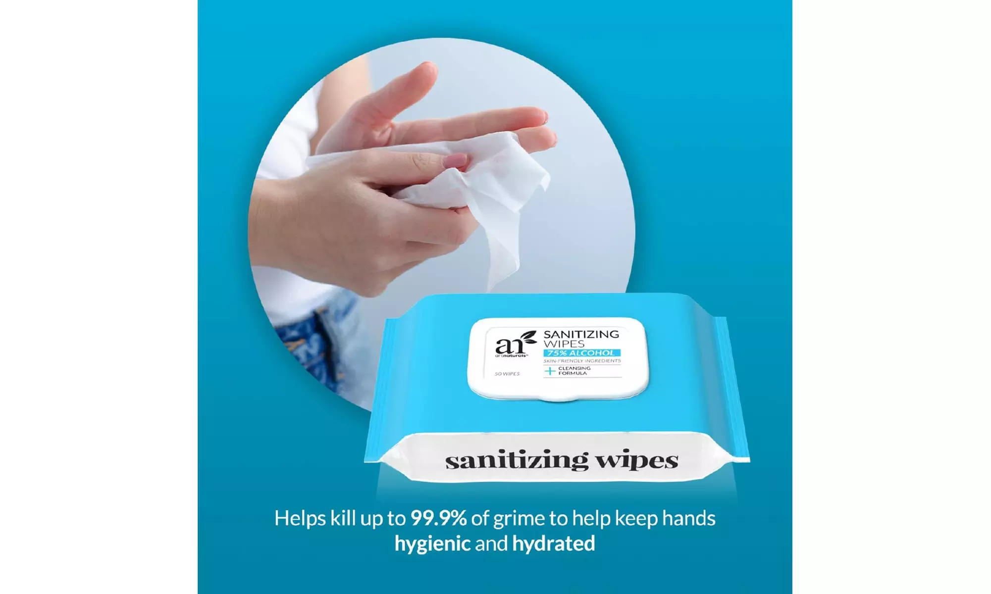 Artnaturals Hand Sanitizing Wipes-75% Alcohol Based/Portable/Unscented(4 x 50PC) - Primary Image