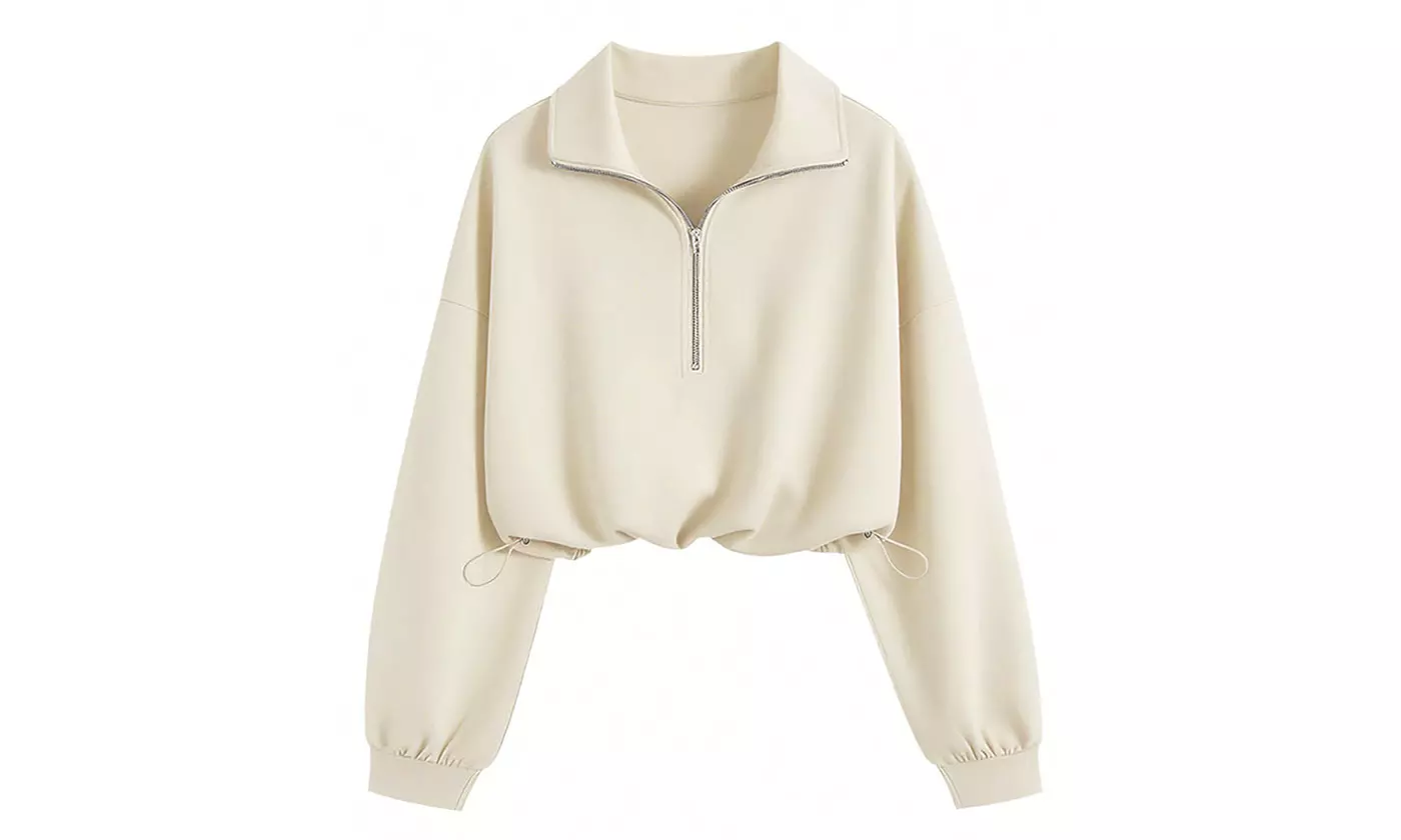 Women's Half Zip Lapel Sweatshirt Long Sleeve Crop Pullover Top Drawstring Hem