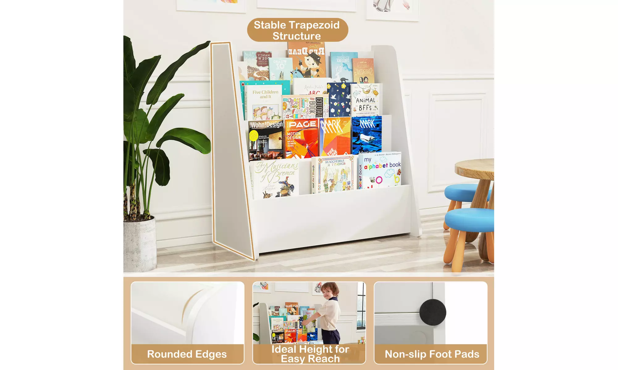 Costway 4-tier Kids Wooden Bookshelf Toddlers Book Rack with Deep Shelves