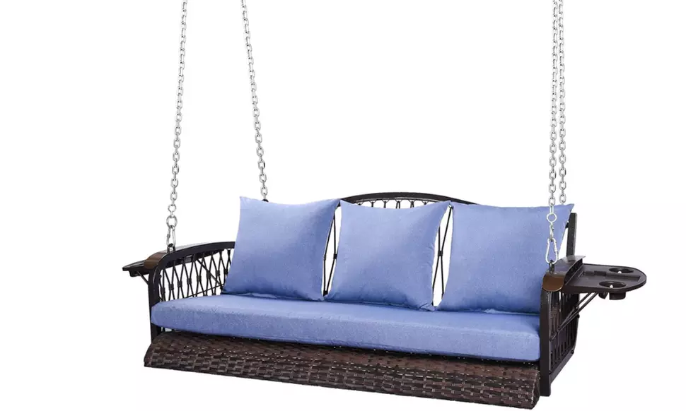 3Seat Wicker Porch Patio Swing Chair with Cushions &  Upgraded Cup Holders