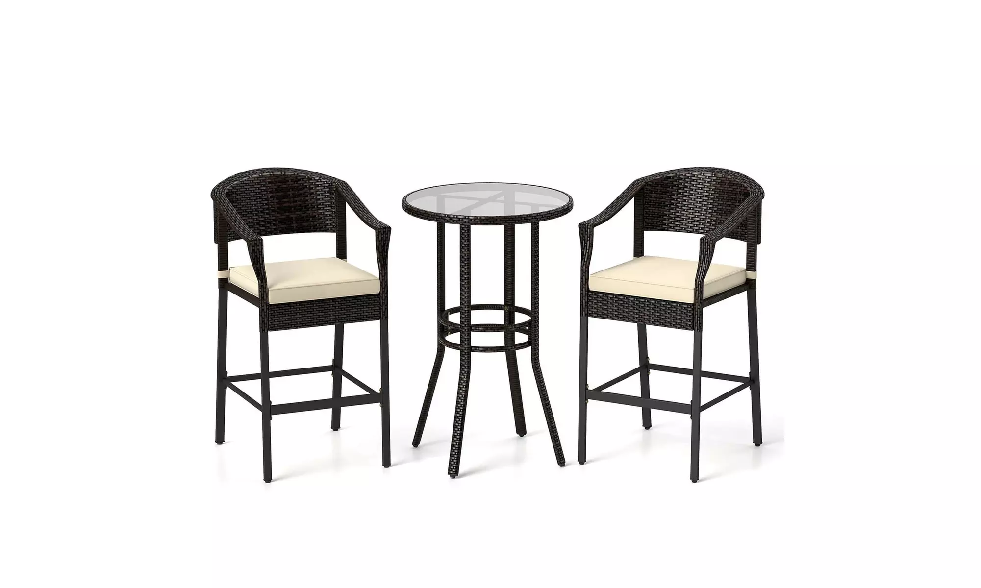 Costway 3-Piece Patio Rattan Bar Set Wicker Bar Height Armchairs and Round Table