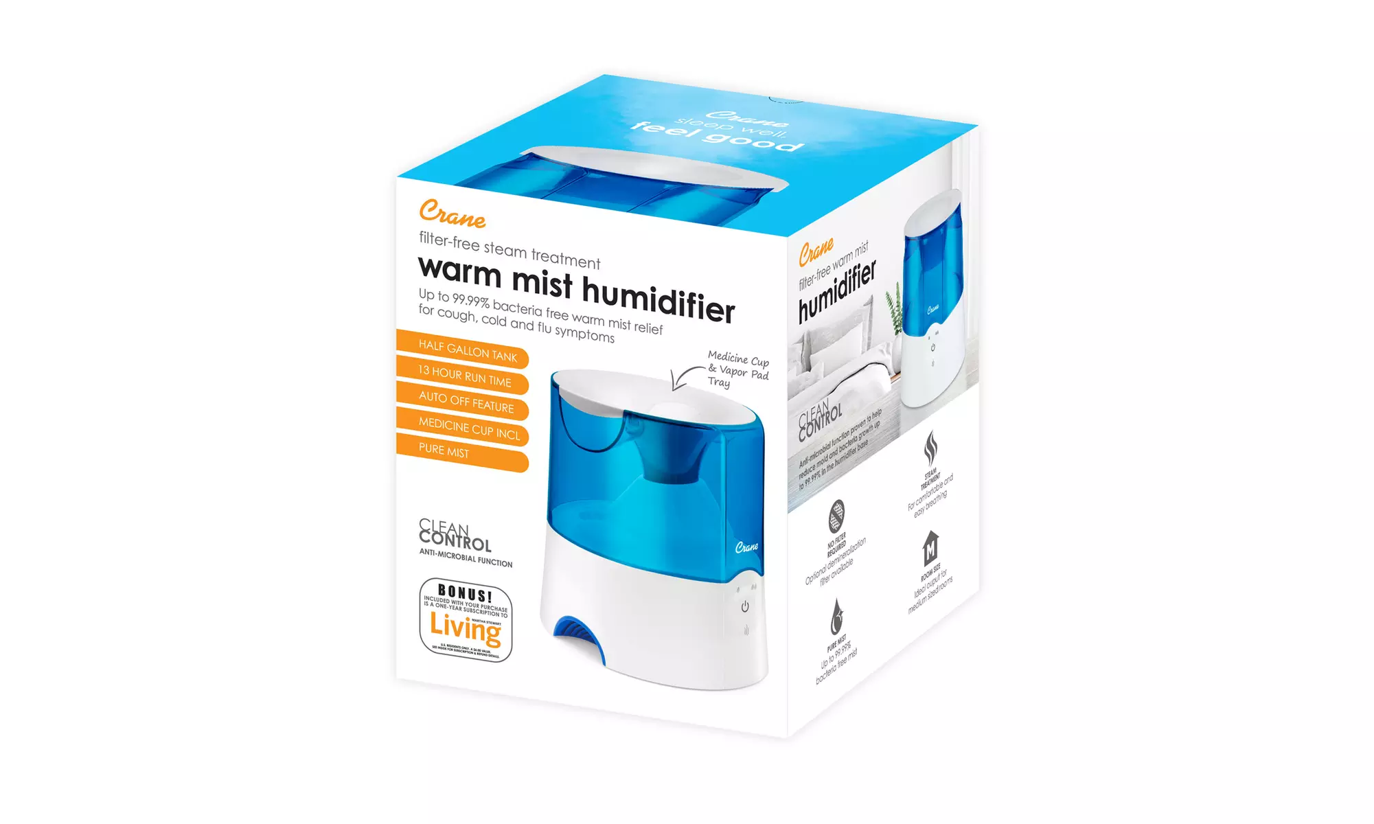 Crane 0.5 Gal. Warm Mist Humidifier with 2 Speed Settings for Rooms 250 sq. ft. - Second Medium
