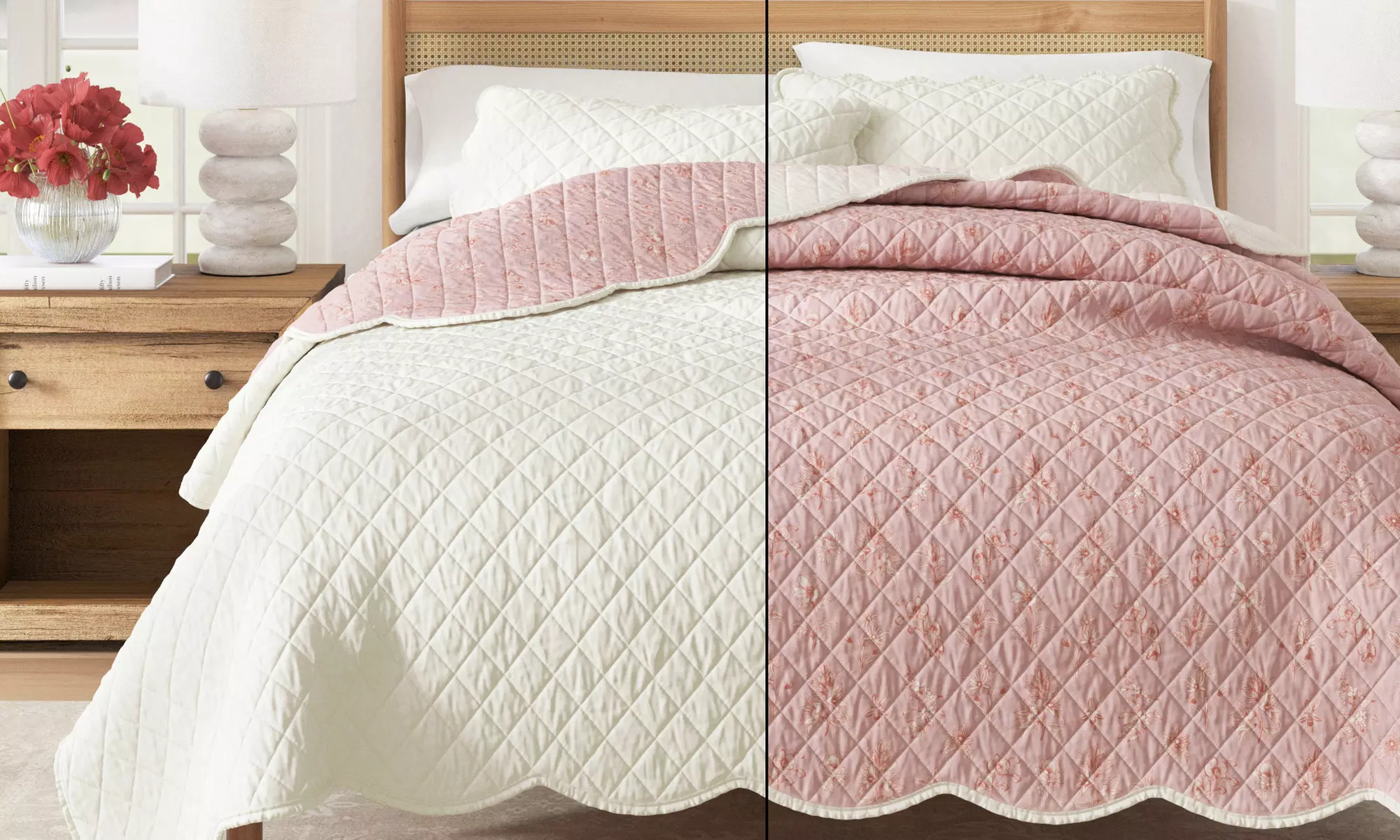 Floral Printed Scalloped Cotton Quilt Set