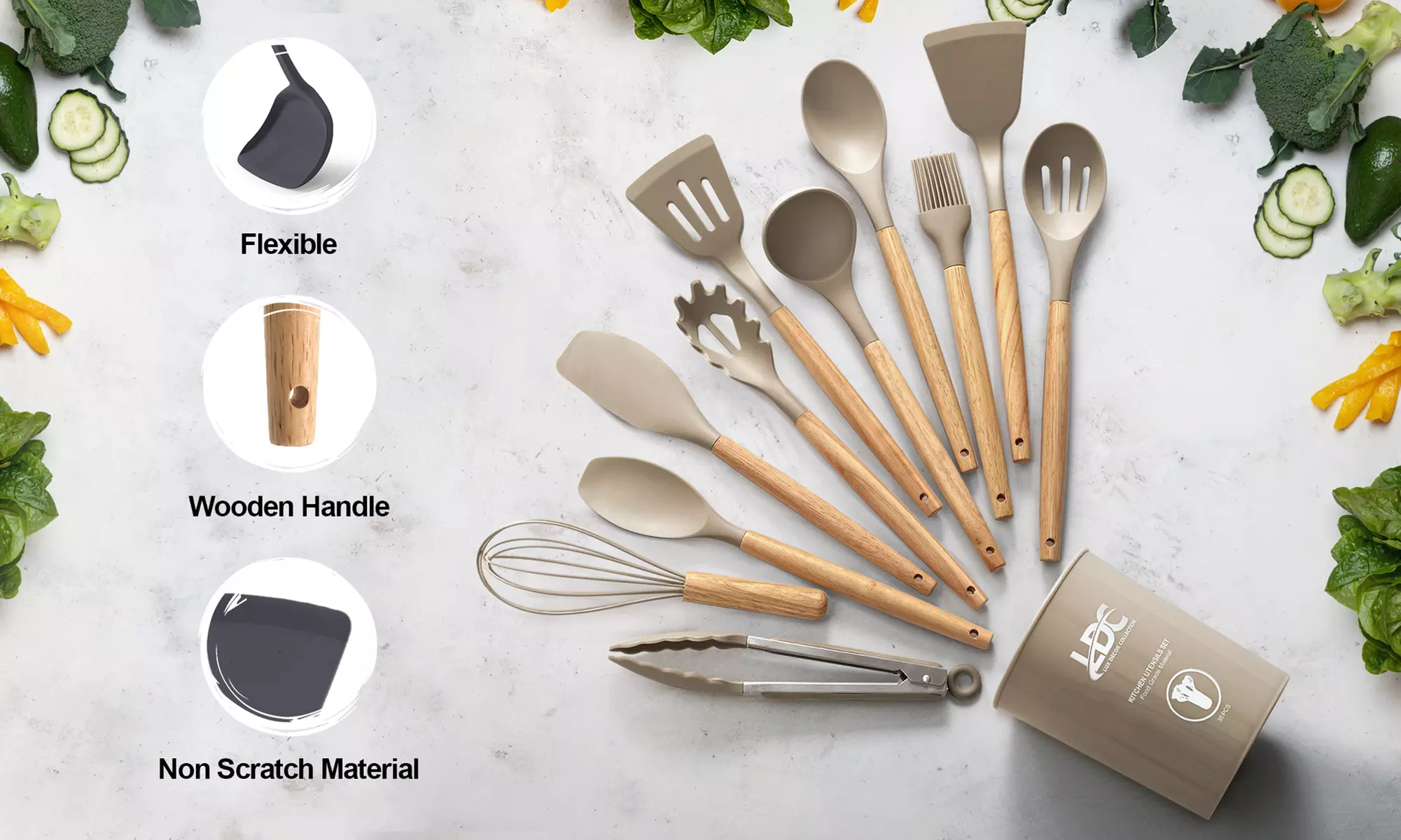 Lux Decor Silicone Kitchen Utensils Set Heat Resistant 35-Pcs Cooking Tools