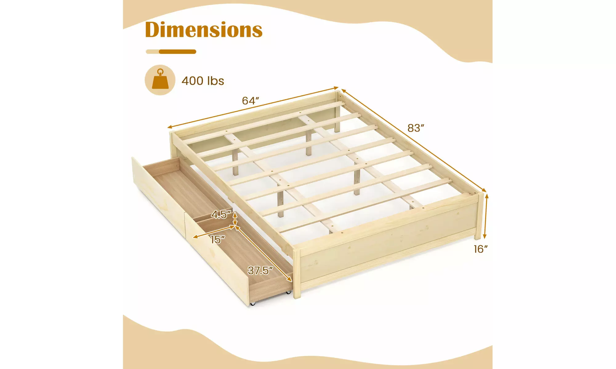 Costway Wooden Platform Bed Frame with 2 Rolling Storage Drawers