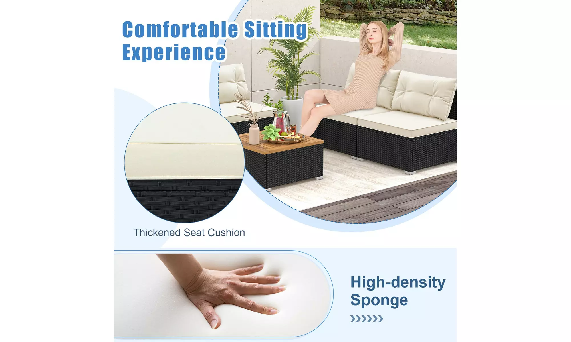 5 Piece Patio Rattan Furniture Set Acacia Wood Table Top Sofa Cushion Deck