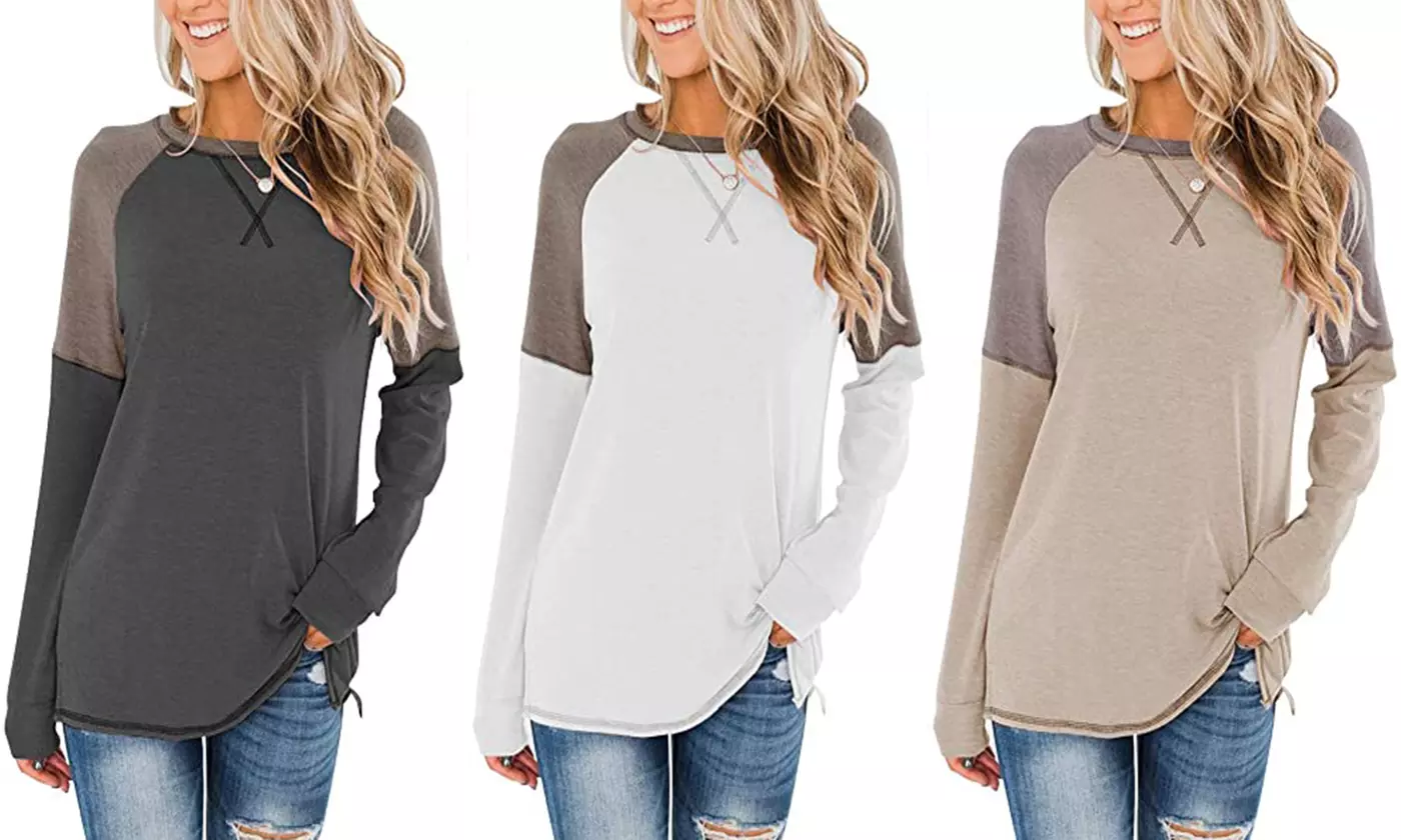 Women's Casual Long Sleeve Tunic Tops Crew Neck Color Block Blouses - Primary Image