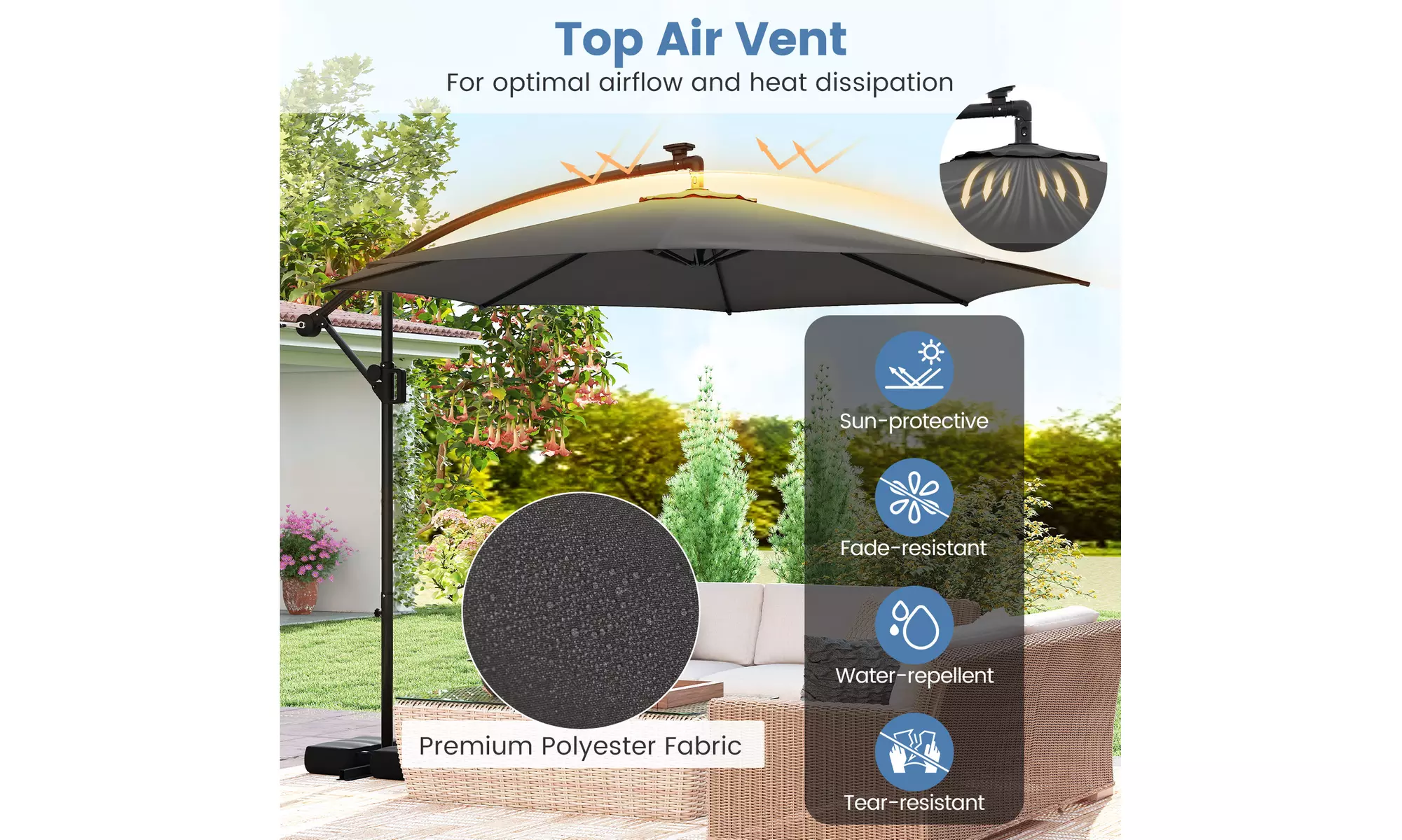 Costway 10 FT Solar Offset Hanging Umbrella with Base