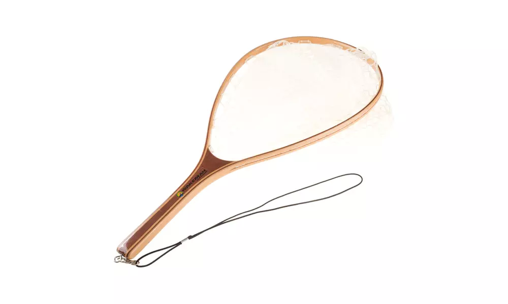 Landing Fish Net- Fly Fishing Equipment, Clear Rubber Mesh and Wooden Handle - Primary Image