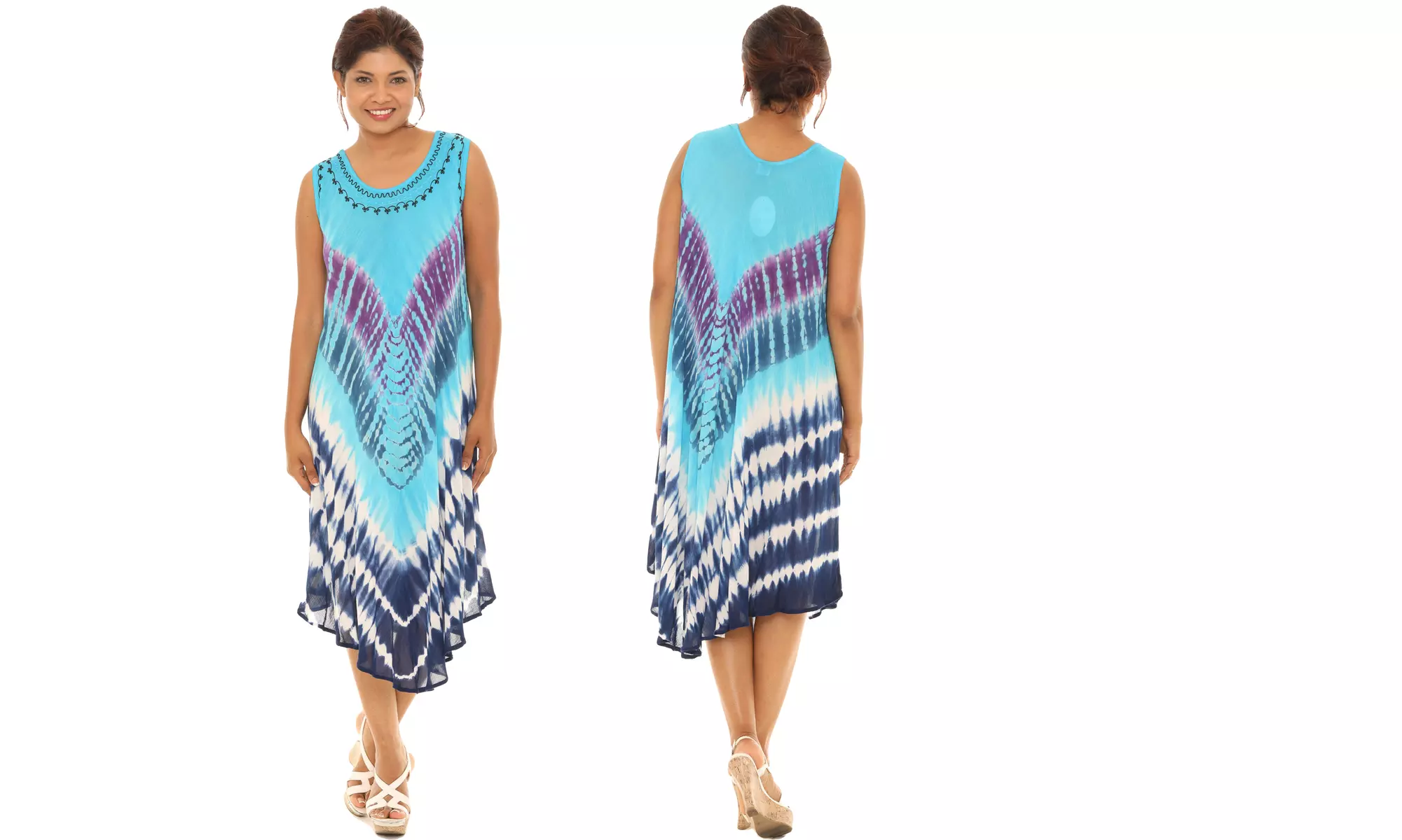 Women's Chevron Stripe Tie Dye Tank Dresses With Embroidered Neckline