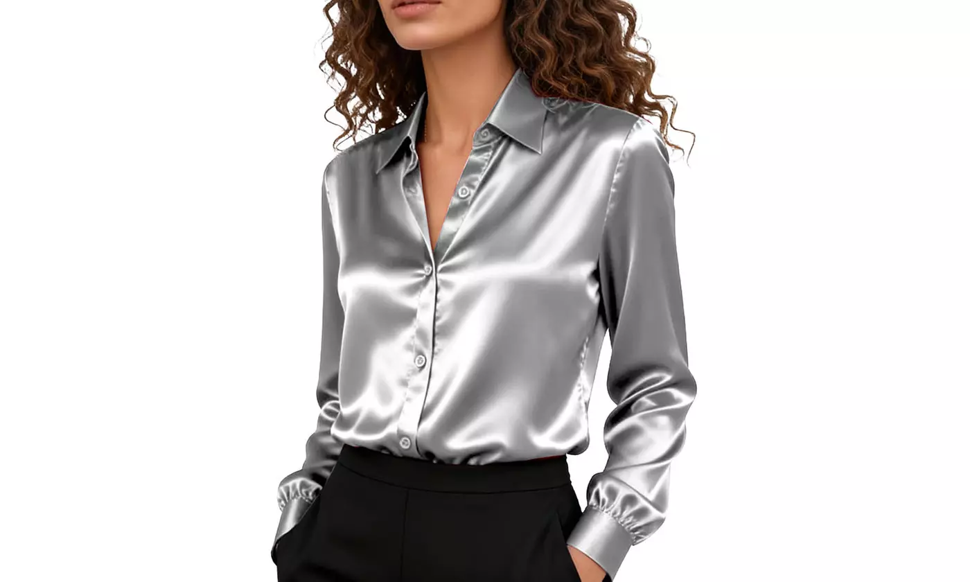 Women's Satin Button-Down Shirt Wrinkle-Free Soft Long Sleeve Blouse