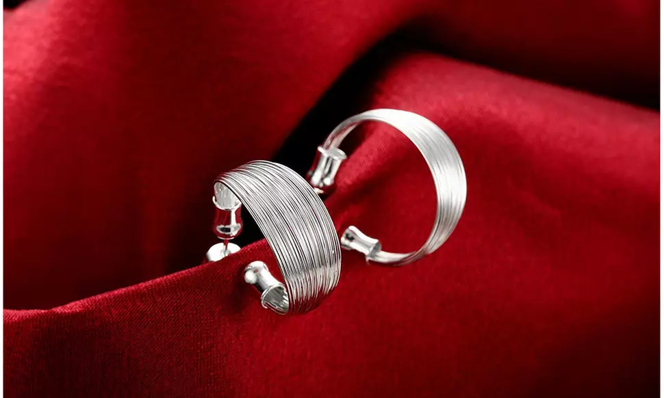 925 Sterling Silver Multi-Line High Polished Hoop Stud Earrings