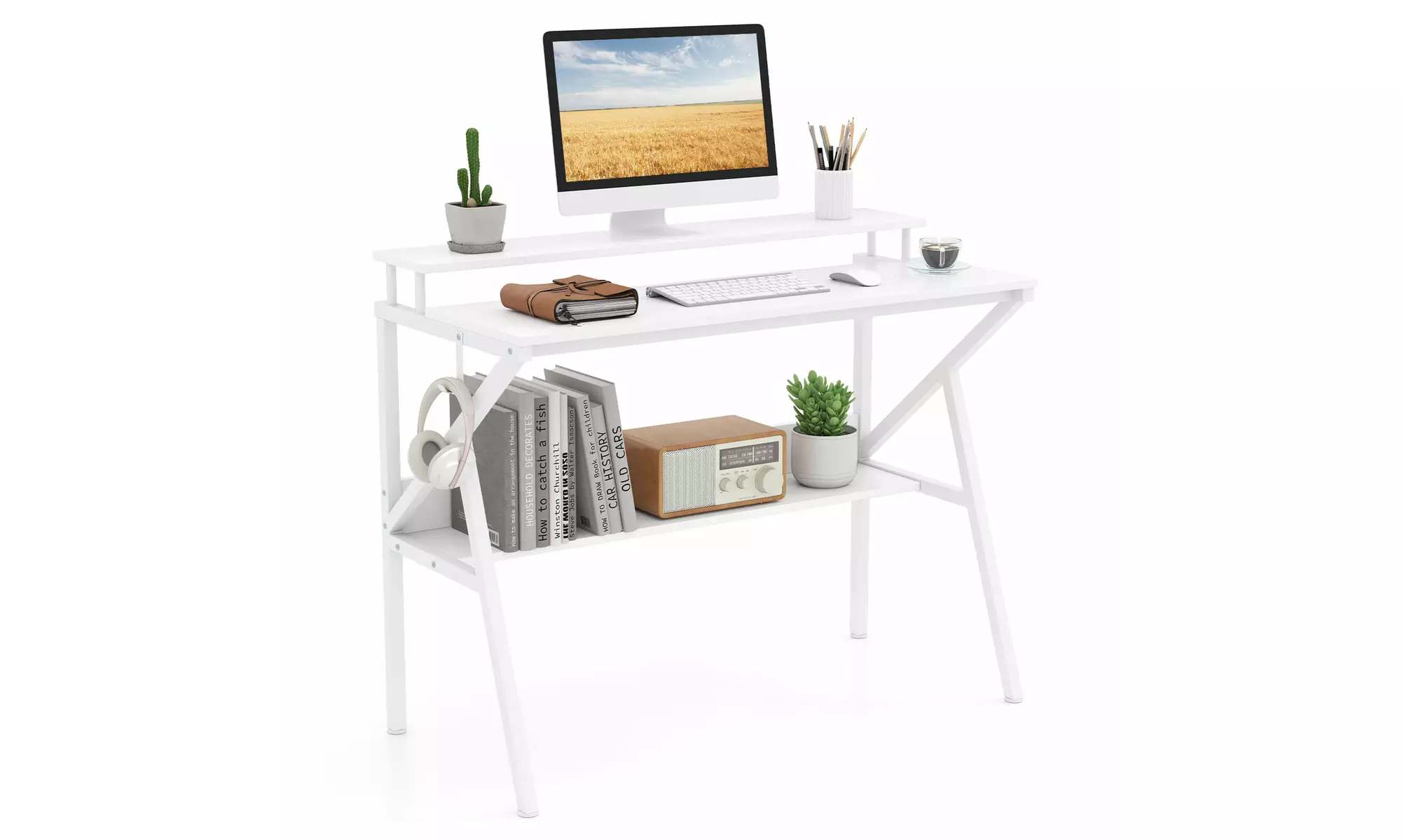 Costway Home Office Desk with Monitor Stand, Open Shelf and Metal Frame