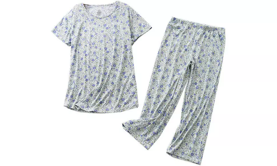 Women Summer Fun Prints Pajama Set Tops Capri Pants Casual Sleepwear