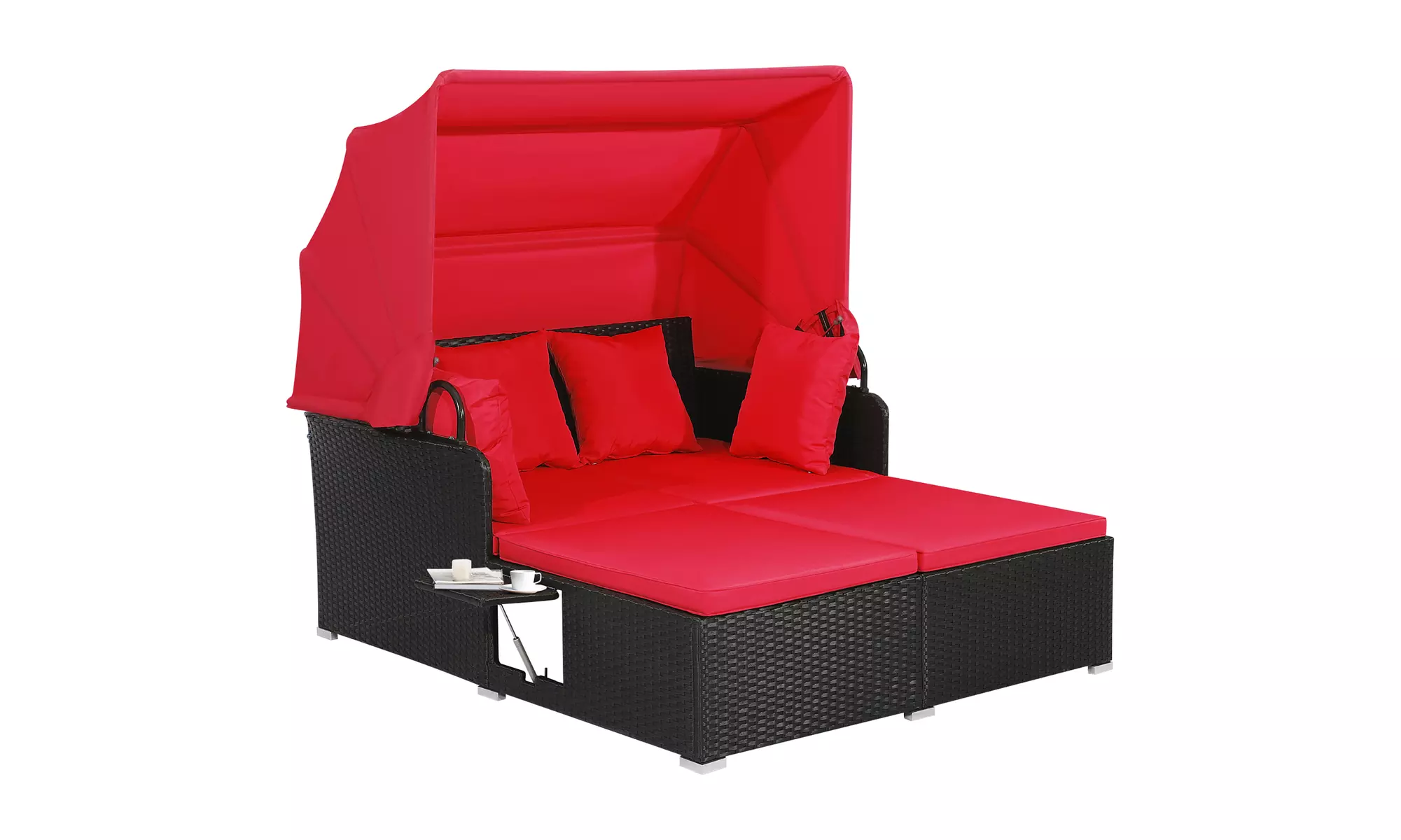 Costway Patio Rattan Daybed Lounge Retractable Top Canopy Side Tables Cushions