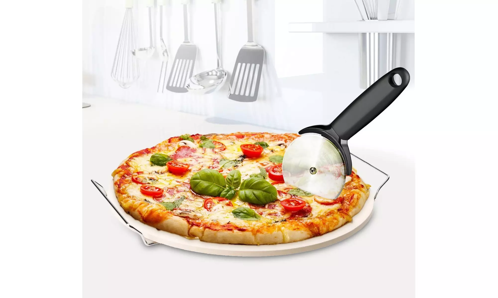 15" Ceramic Pizza Stone and Pizza Cutter with Chrome Plated Serving Rack - Primary Image