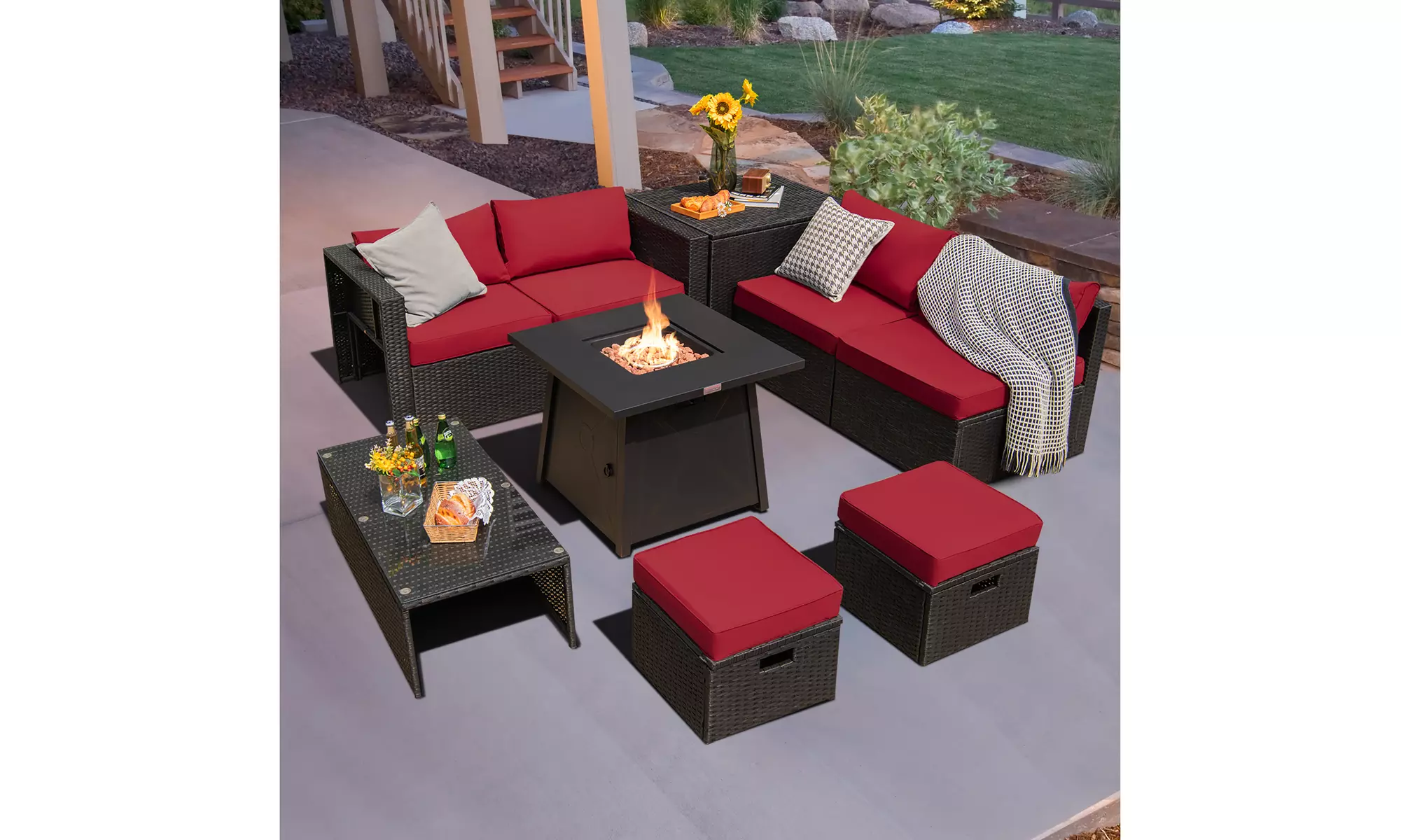 Costway 9PCS Patio Rattan Furniture Set Fire Pit Space-saving W/Cover  Cushion