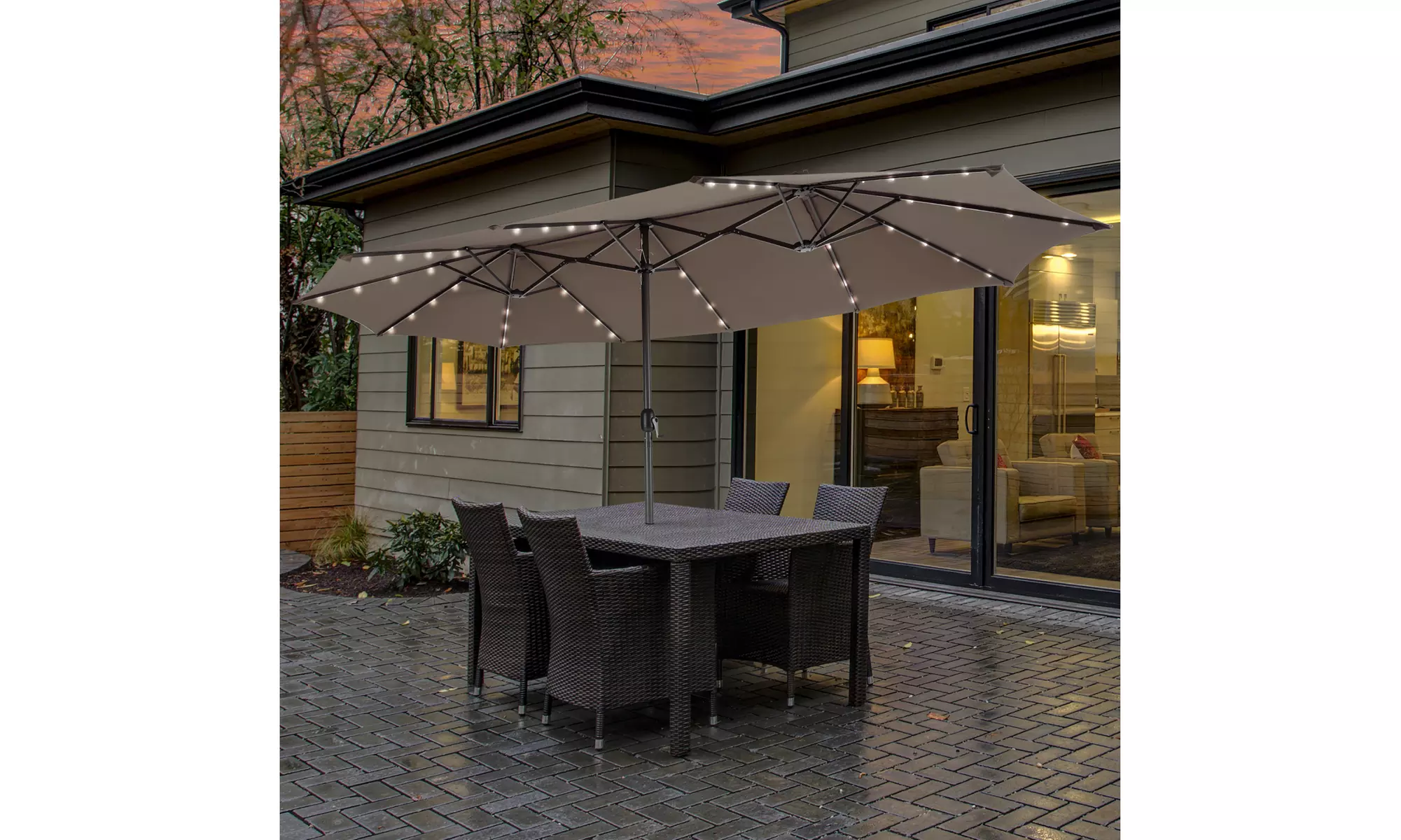 Costway 15FT Twin Patio Double-Sided Umbrella 48 Solar LED Lights Crank Outdoor