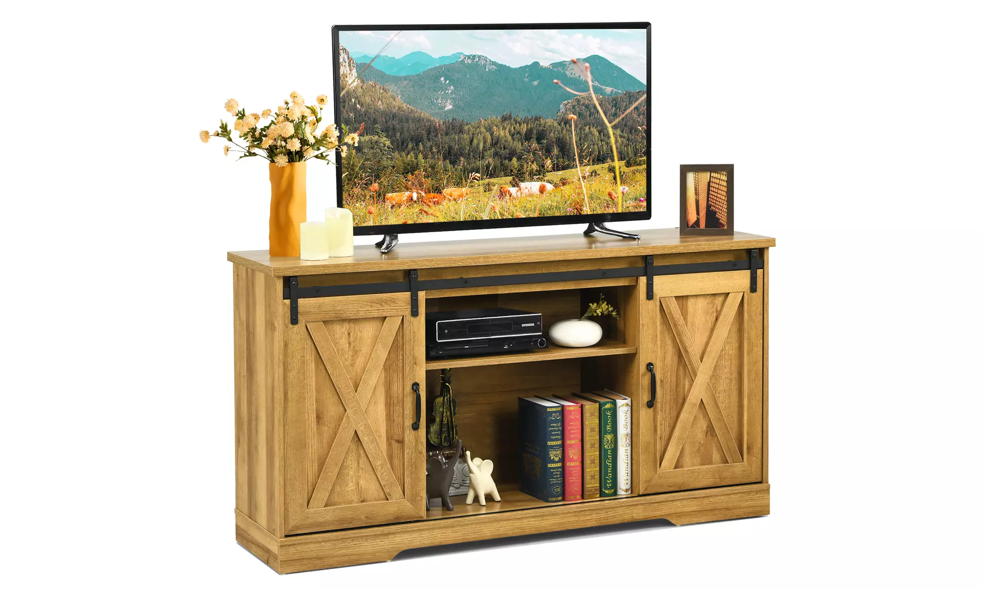 Costway 59'' Farmhouse TV Stand Sliding Barn Door Cabinet w/ Adjustable Shelf