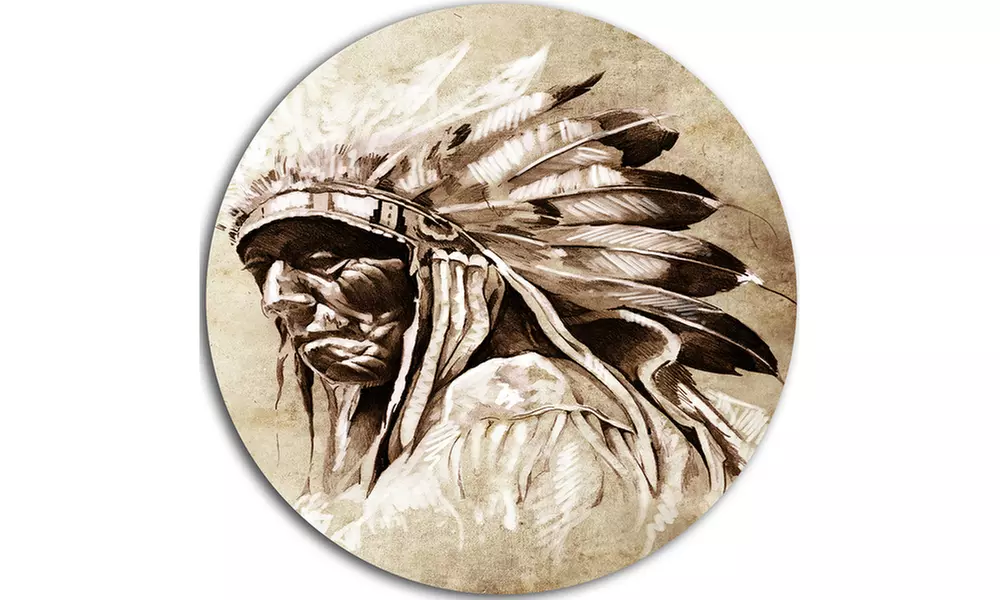 Vintage Style Indian Head Tattoo' Large Contemporary Circle Metal Wall Arts - Second Medium