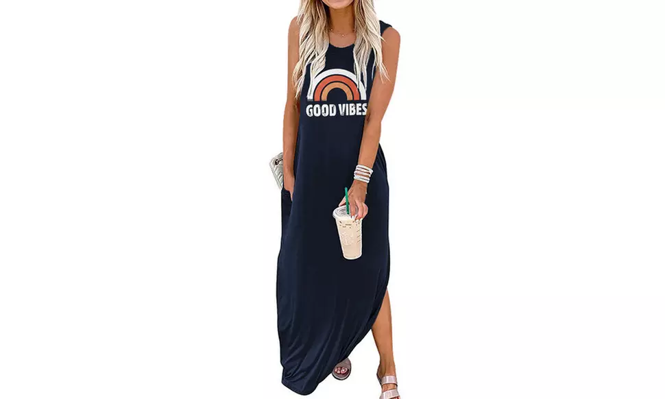 Women's Sleeveless Good Vibes Graphic Tank Dress