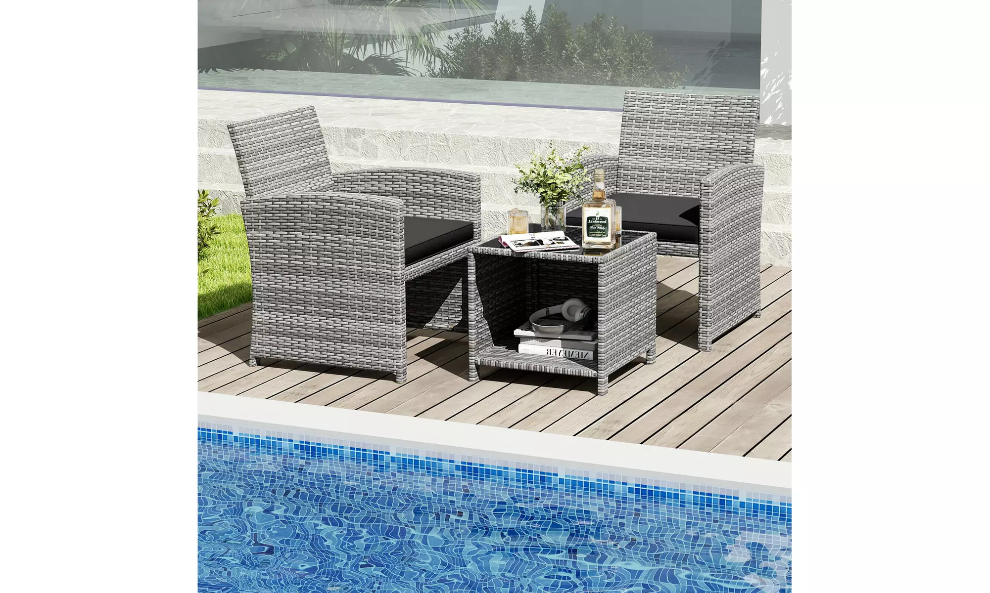 Costway 3-Piece Patio Furniture Set with Tempered Glass Coffee Table
